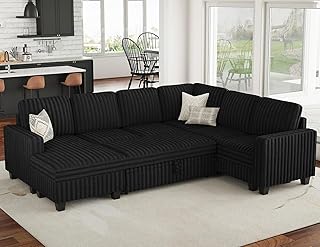 Belffin Corduroy Sleeper Sofa Bed with Storage Chaise Modular Sectional Sofa Couch with Pull Out Bed L Shaped Sectional Couches for Living Room Black Couch