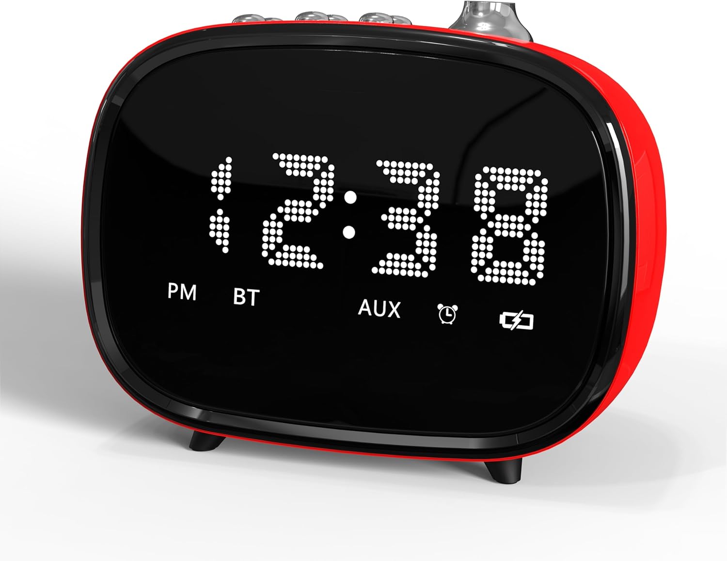 أمام view of the iTOMA Retro Alarm Clock displaying time and various indicators