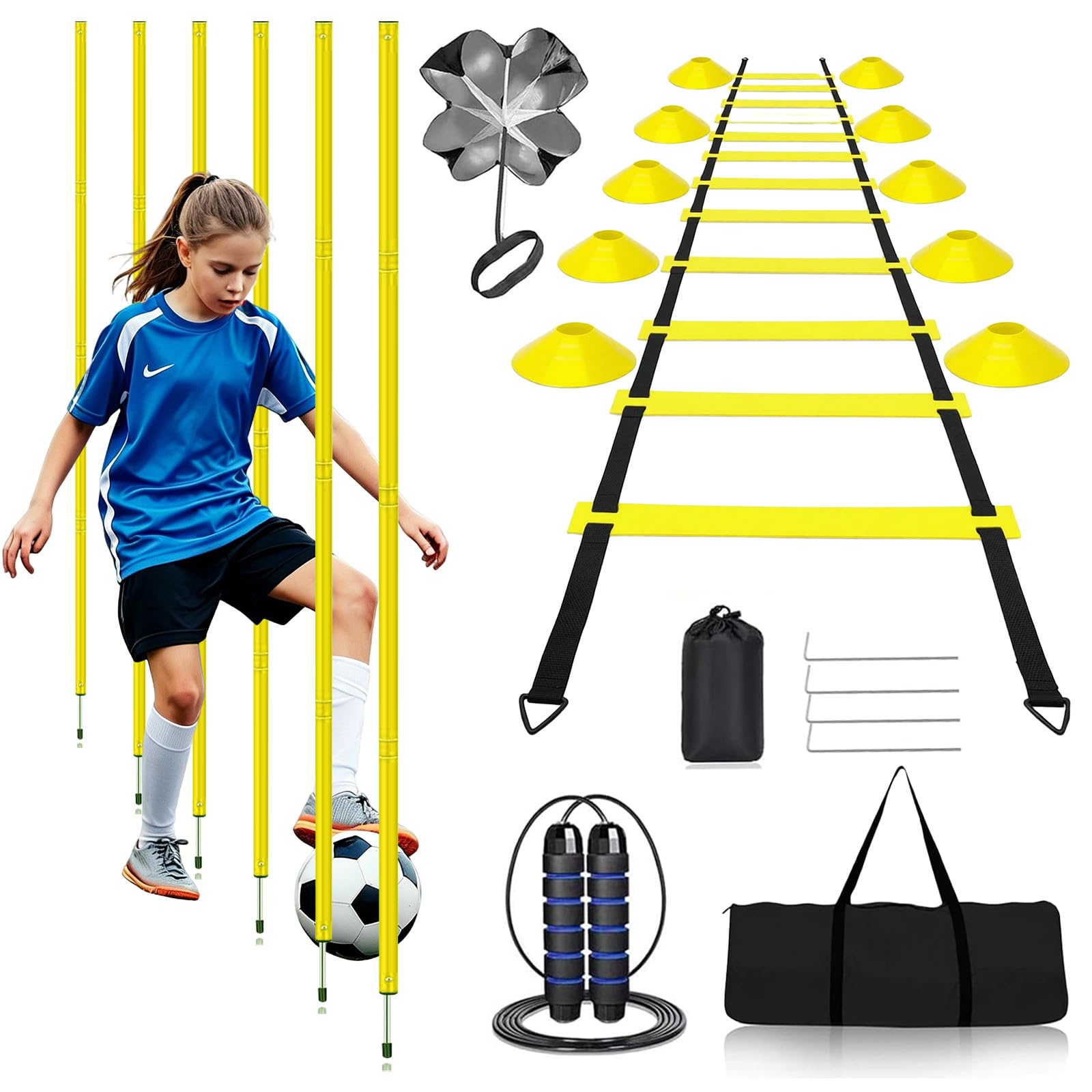 YushengTai Fußball Trainingsset mit Slalomstangen, Koordinationsleiter 6 m & Hütchen – Vielseitiges Fussball Trainingsset für Koordination, Agilität und Techniktraining