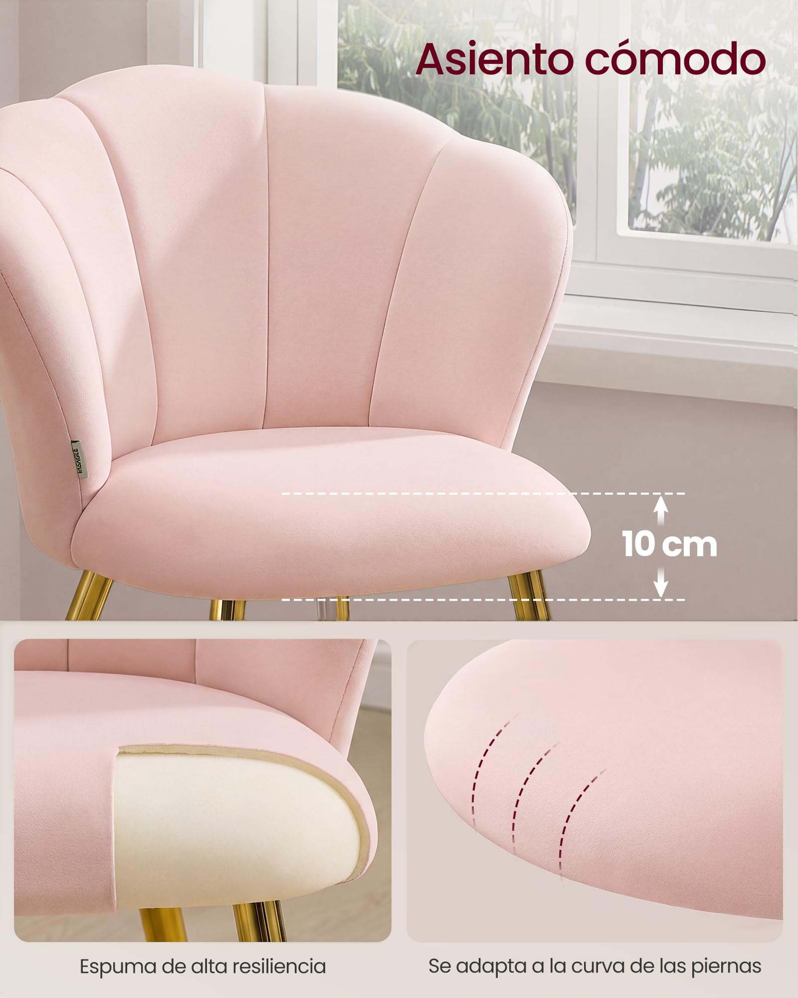 VASAGLE Silla de Comedor, Respaldo en Forma de Pétalos, Silla de Tocador Acolchada, Terciopelo, Carga 150 kg, Patas de Acero, Cocina, Salón, Dormitorio, Rosa KDC099S101