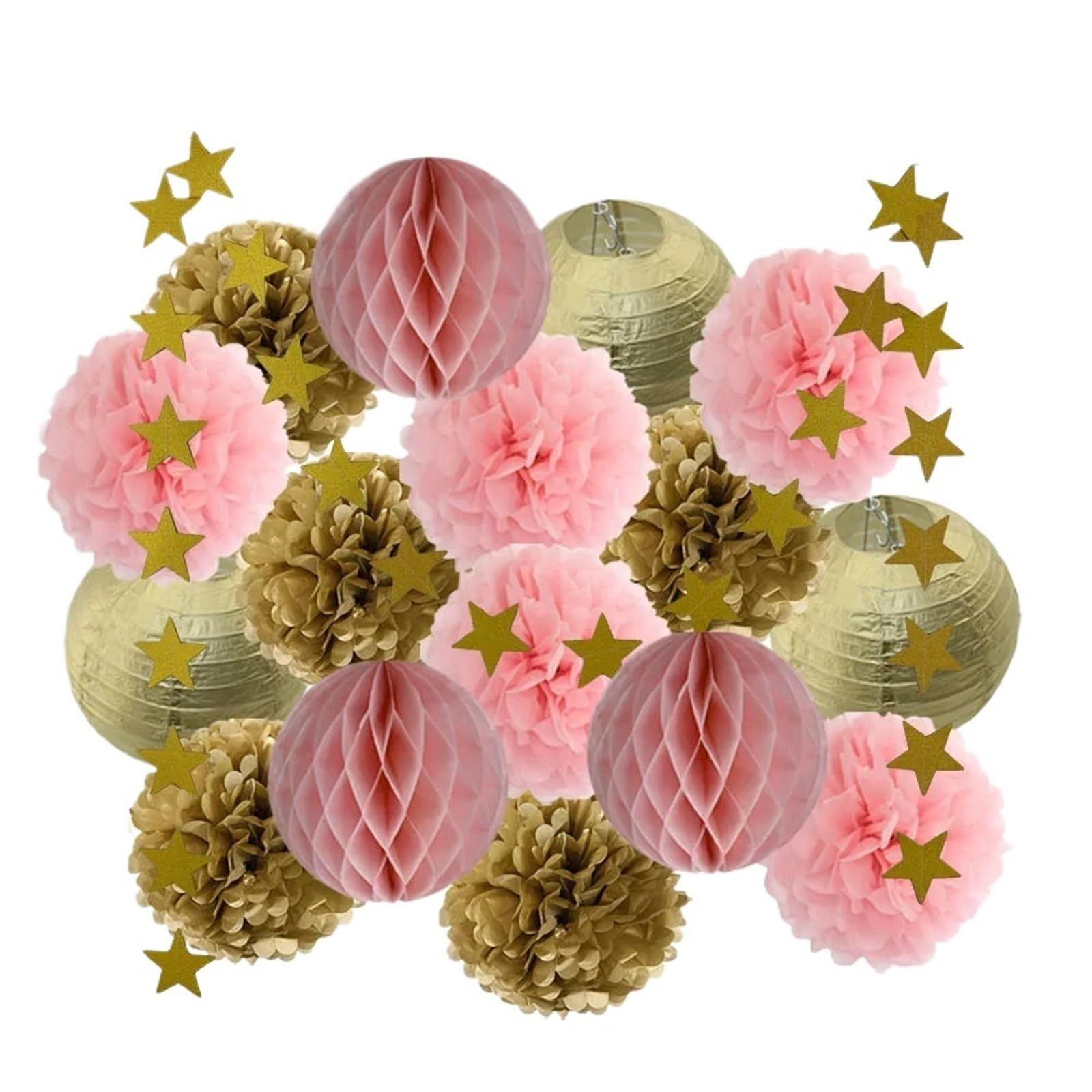 Paper Pom Poms Decorations Wedding Ceremony Events Decor Gold Paper Lanterns Honeycomb Red Tissue Pompom for Party Supplies(Gold Light Pink)