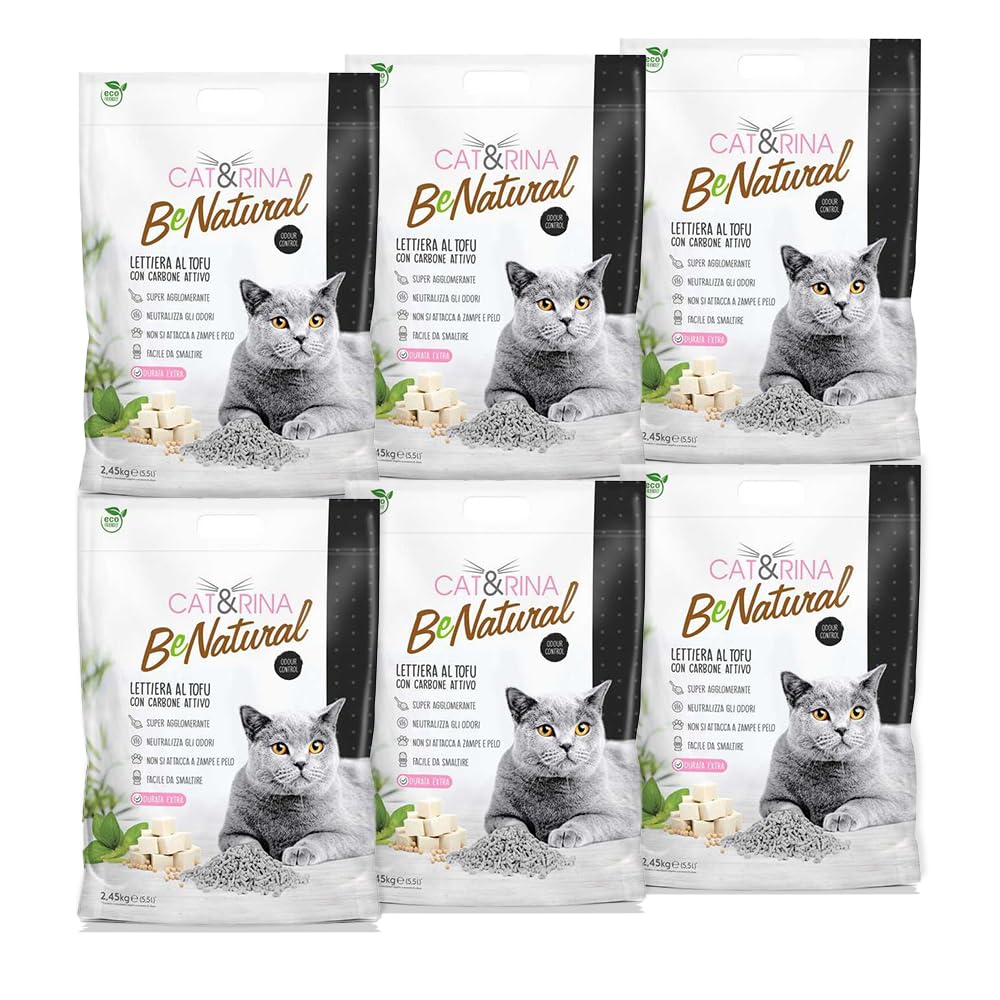 Cat&Rina BeNatural, lettiera per gatti al tofu da 5,5l Agglomerante e Vegetale. Fino a 30 giorni di utilizzo. Si smaltisce nell'organico o nel wc. Sabbia gatti anti odore Carboni Attivi, 6 pezzi