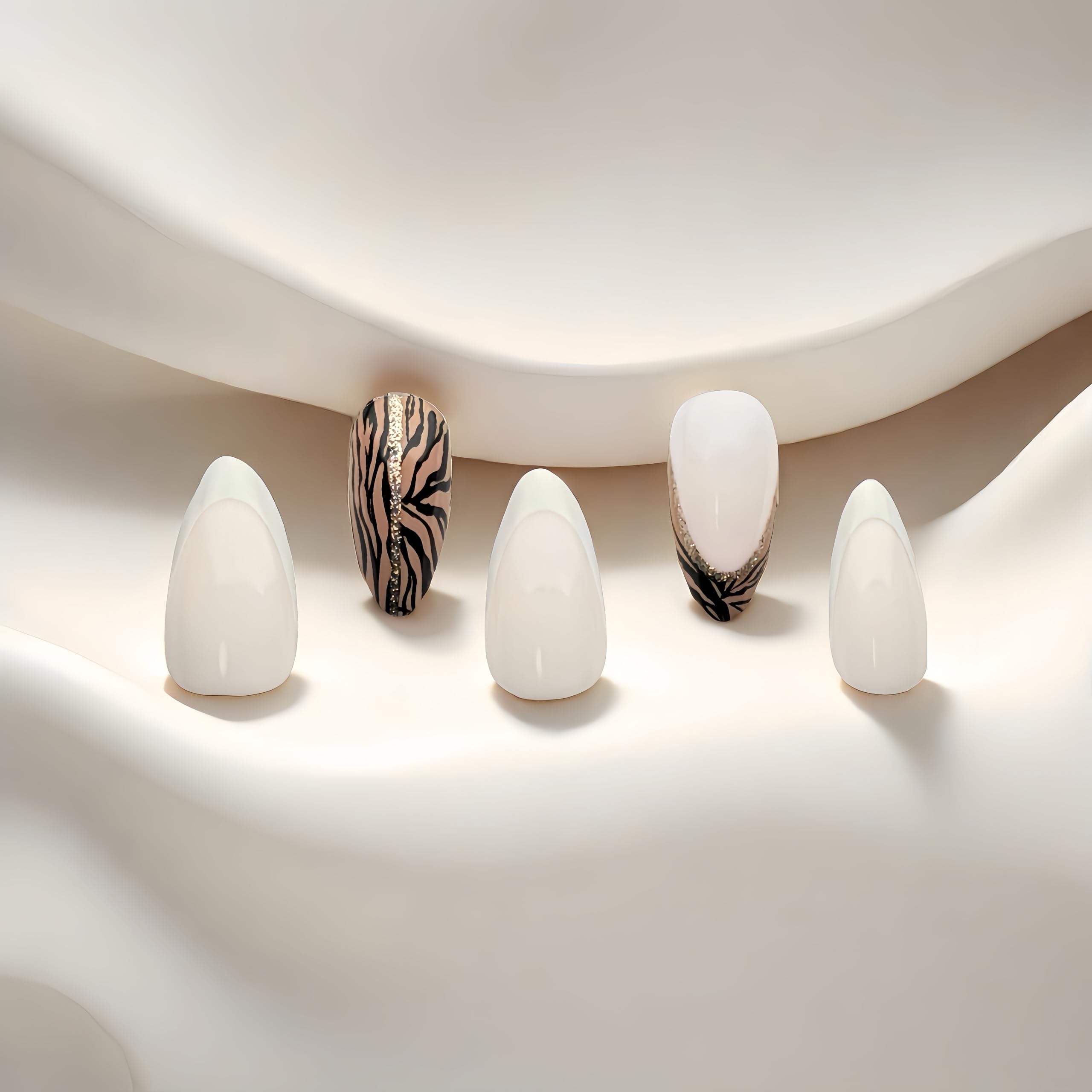 ORZOLATENT Zebra French Tips Press-On Nails – 24 Glossy Almond Nails, 12 Sizes, Chic White & Zebra Pattern, Easy DIY, Includes Tool Kit