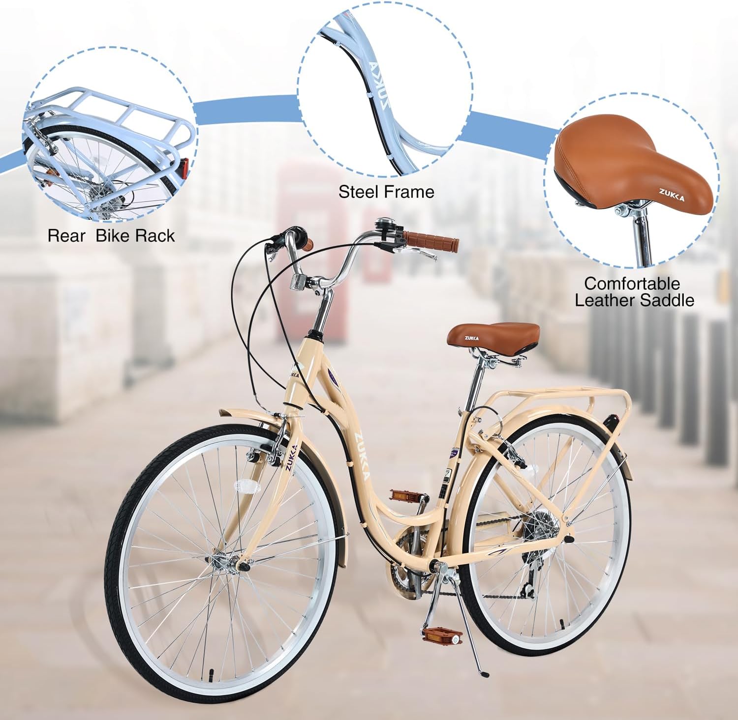 24 Inch Beach Cruiser Bike for Women Complete Cruiser Bikes with Dual V-Brake and Adjustable Seat,7 Speed Steel Frame for Women, Men, Multiple Colors