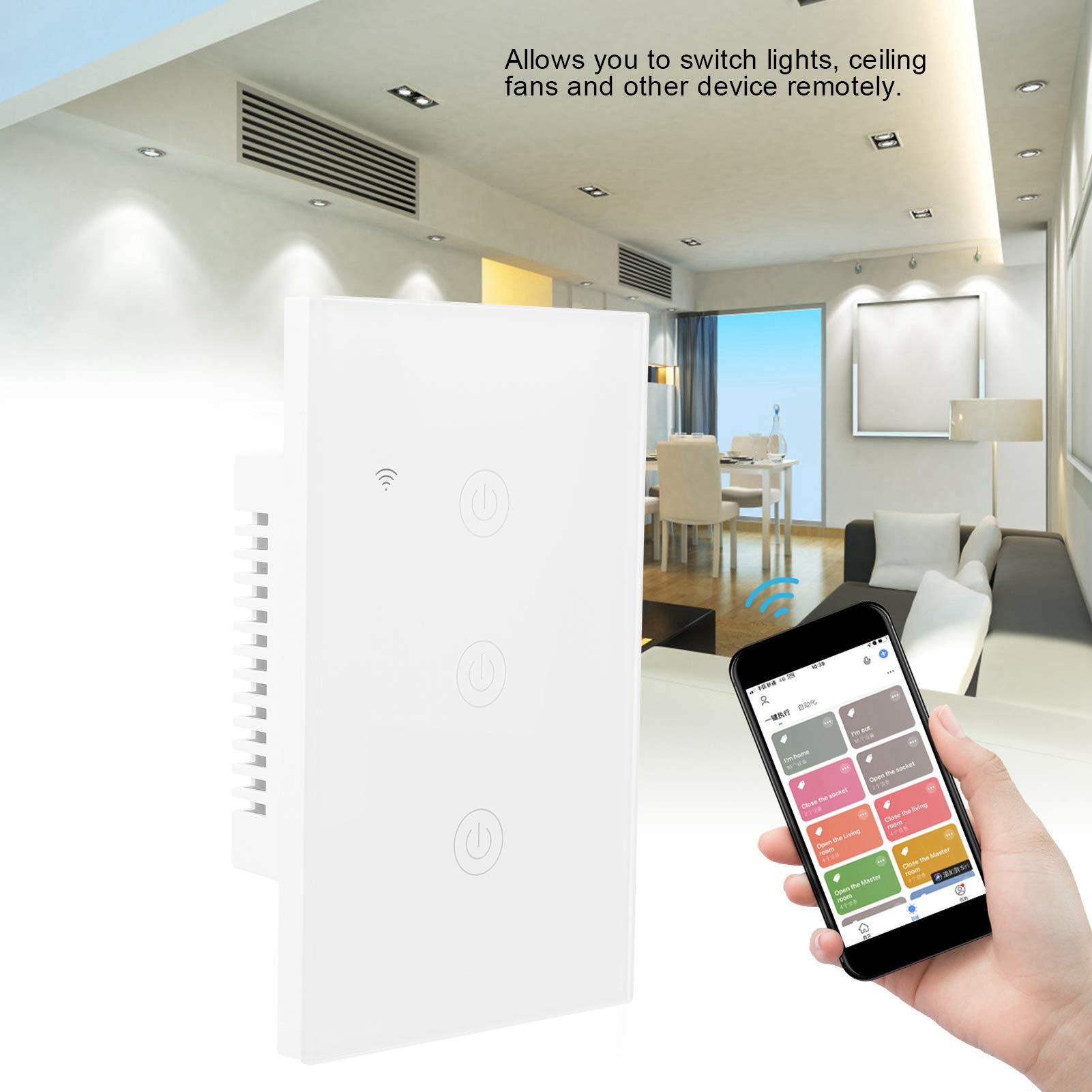 Interrupteur Intelligent WiFi 3 Canaux, Contrôle à Distance Lumière ON OFF 100-240VAC, Compatible Home, 600W par Canal