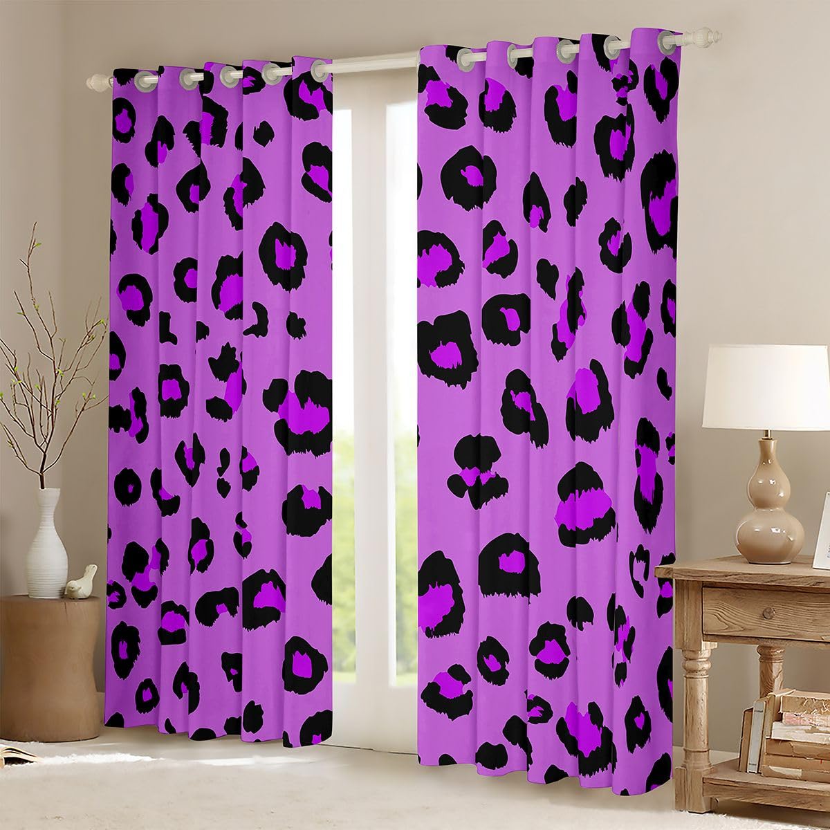 Homewish Geometryczne zasłony zaciemniające 168 x 183 cm – zasłony z oczkami geparda do salonu sypialni – imitacja dżungli, nadruk zwierzęcy, zasłony okienne, 2 panele, lampard, afrykańskie fioletowe