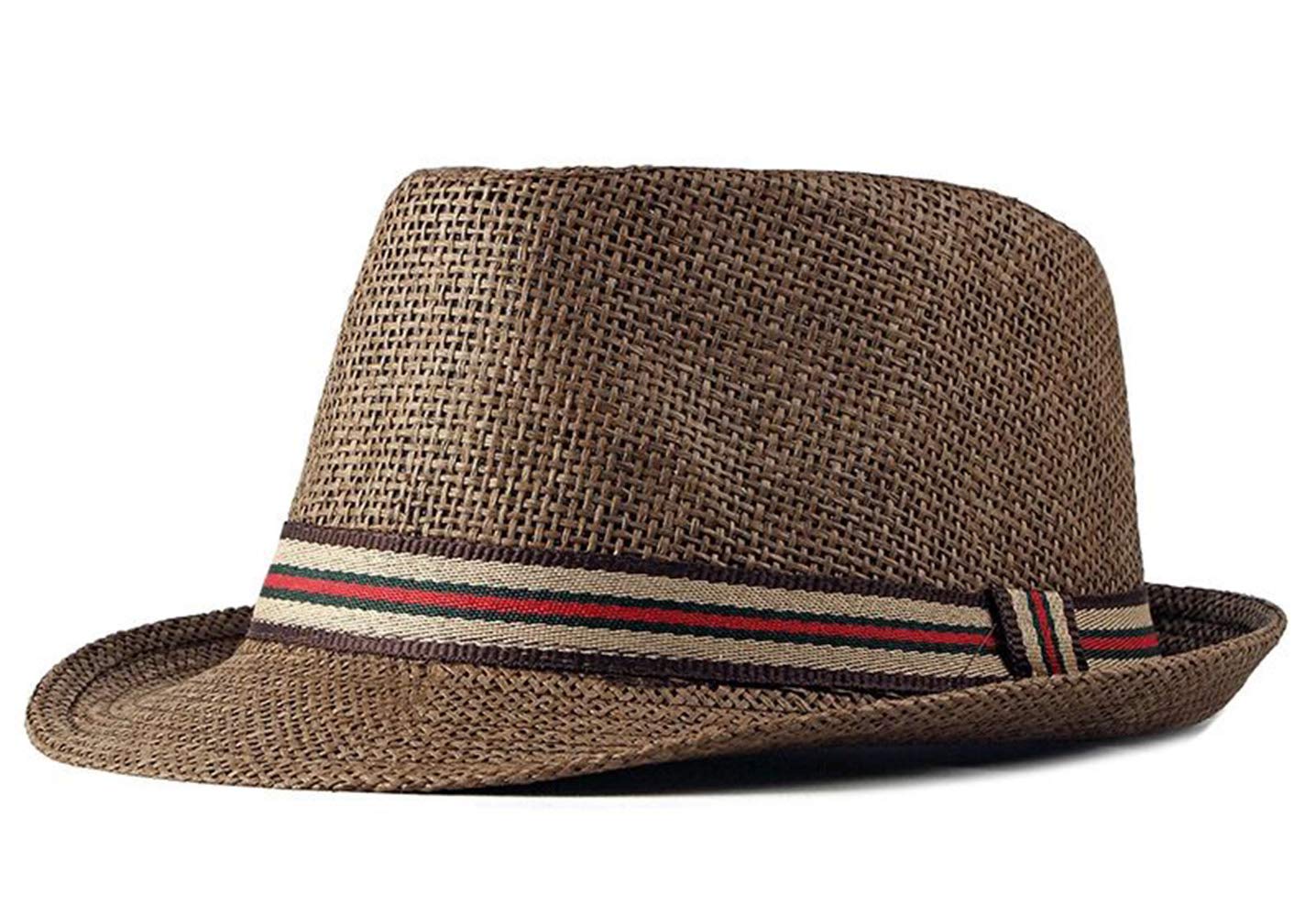 CHENNUO Panama Hats with Band Fedora Trilby Straw Hat for Men Summer Wide Brim Sun Hat (Brown)