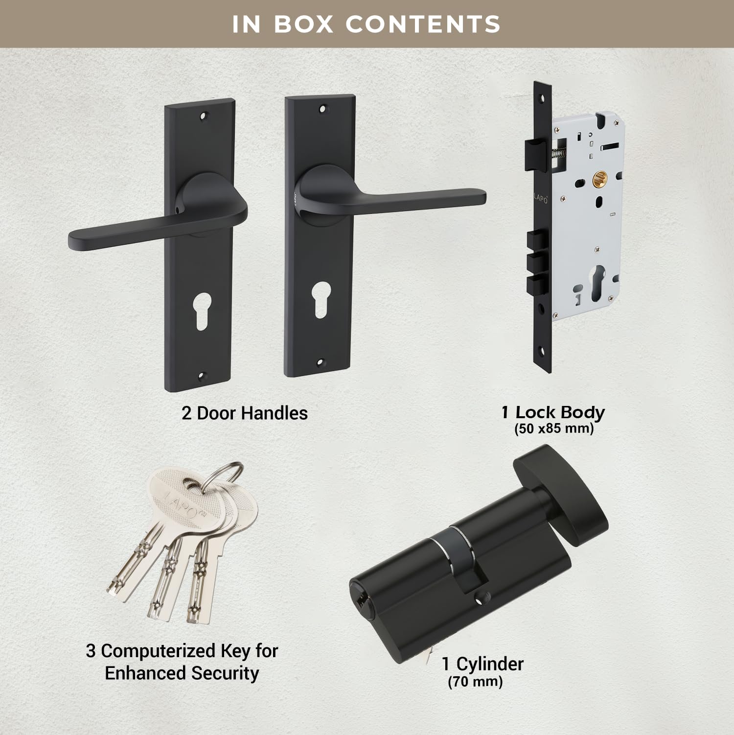 LAPO Mortise Door Lock for Home Main Door & Bedroom with Handle - Left-Right Fit 30-50mm Door Home Office Hotel - Heavy-Duty 70mm Cylinder - 50x85mm Body - 3 Brass Keys | Black Finish | CY-127 — Amazon image 6