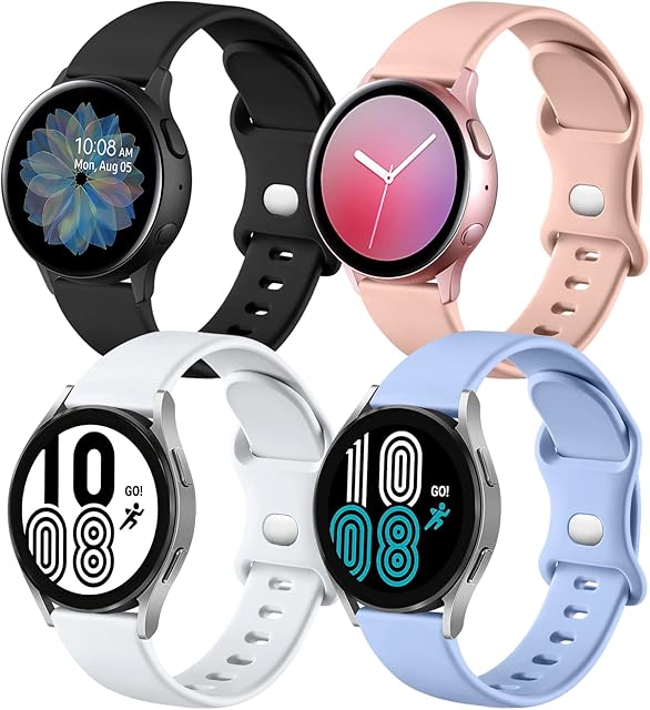 Mastten 4 Pack Straps Compatible With Samsung Galaxy Watch Active 2 Strap/Galaxy Watch 4 40mm 44mm, 20mm Sport Replacement Band for Galaxy Watch 3 41mm/Galaxy Watch 42mm, Small Black/Pink/White/Purple