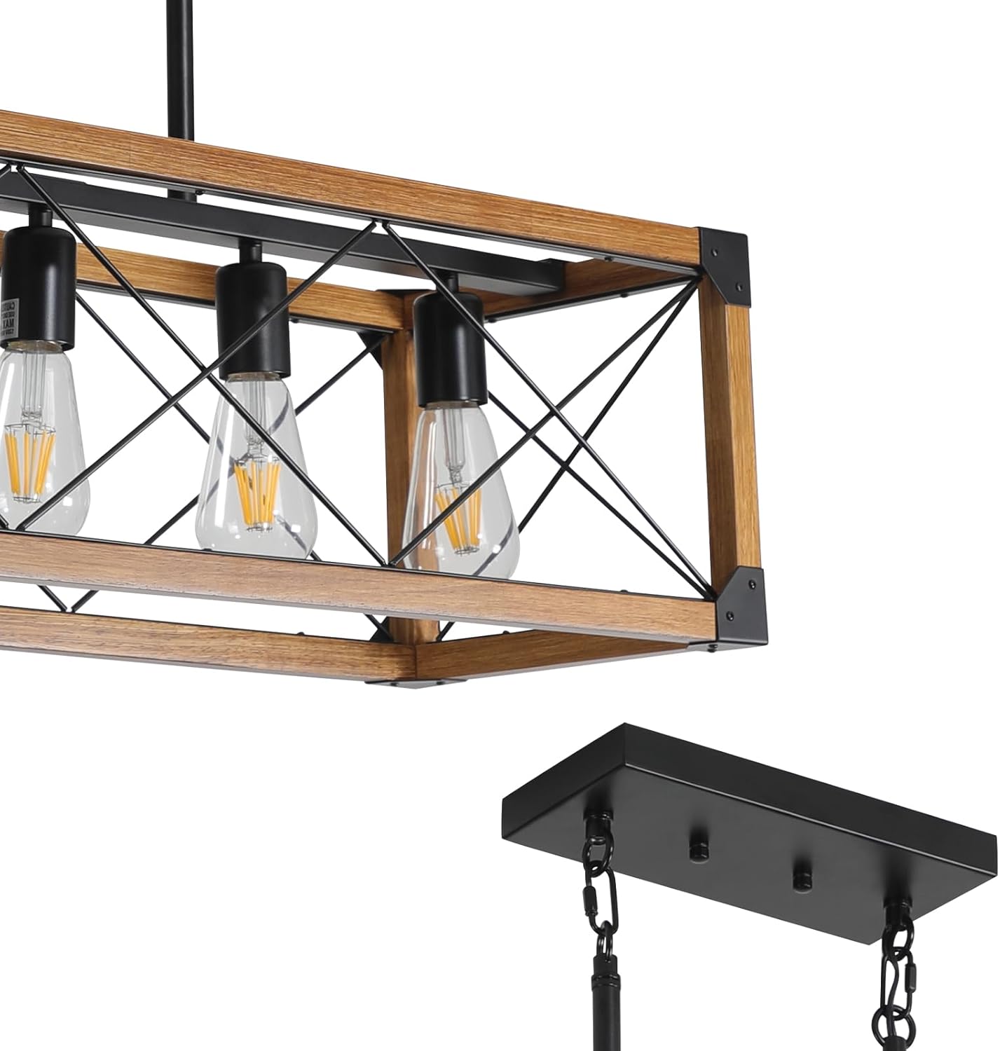 KEIKI Farmhouse Kitchen Island Lighting, 5-Light Rectangular Chandelier Pendant Light Fixture, 31.5 Inch Linear Chandelier Hanging Pendant Light for Kitchen Island Dining Room Pool Bar, Walnut&Black
