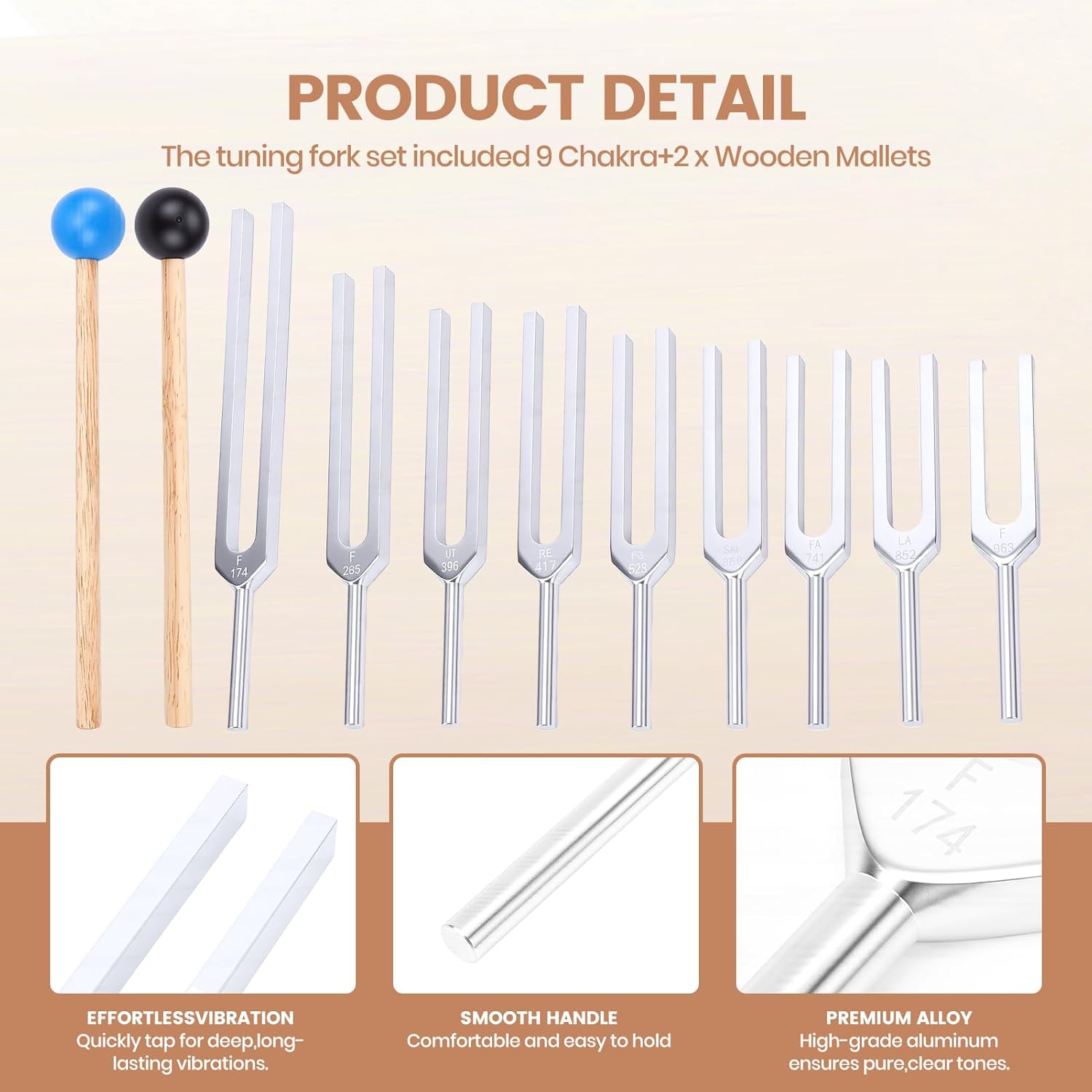 Tuning Forks Set for Healing, 9 Chakra Frequencies 174Hz to 963Hz with 2 Striker Aluminum Tuning Forks Chakra Set, 174Hz/285Hz/396Hz/417Hz/528Hz/639Hz/852Hz/963Hz Music Instrument
