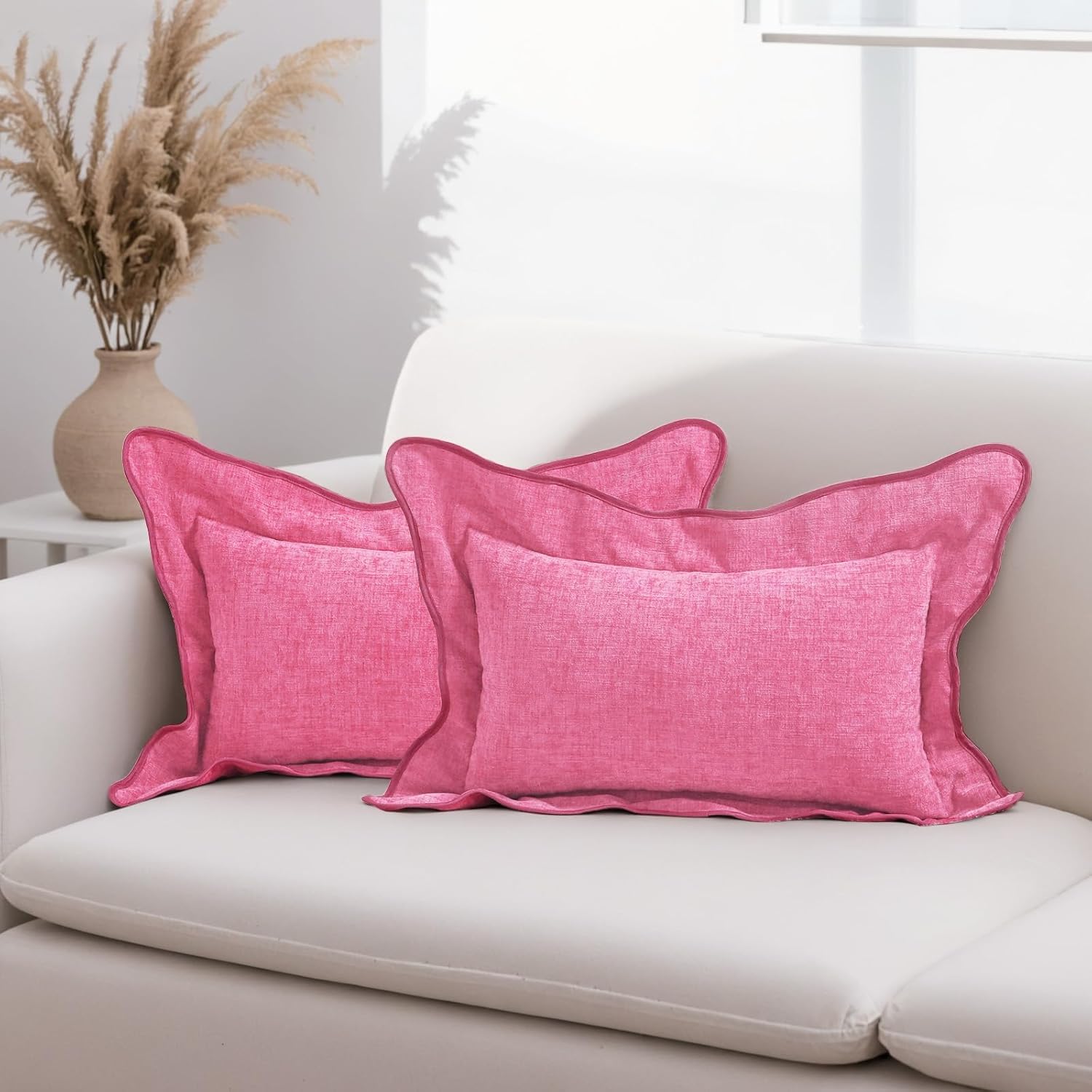 HAUSSY Valentines Scalloped Pillow Covers 12x20 Set of 2,Decorative Lumbar Throw Pillows Cute Aesthetic Preppy Cushion Covers for Couch Bed Living Room,Hot Pink