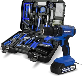 COMOWARE Household Tool Set with 20V Cordless Drill Driver, 120Pcs Hand Tool Kit for Men, Power Drill Set with Plastic Toolbox, Ideal for Office, Garden, DIY Project