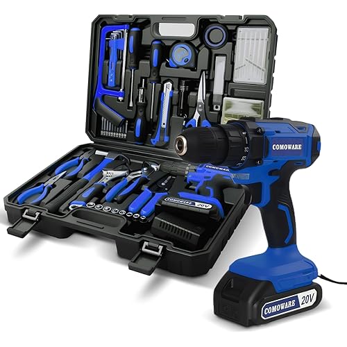 COMOWARE Household Tool Set with 20V Cordless Drill Driver, 120Pcs Hand Tool Kit for Men, Power Drill Set with Plastic Toolbox, Ideal for Office, Garden, DIY Project