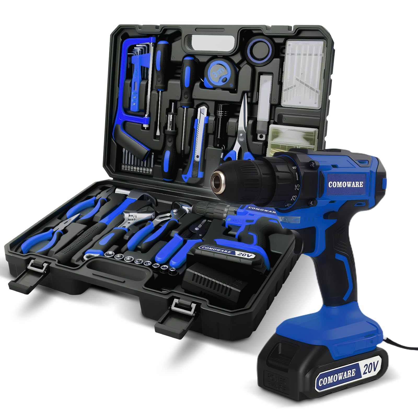 COMOWARE 120 Pcs Home Tool Kit with 20V Power Drill, Li-ion Battery & Charger - 25+1 Clutch Tool Set for Home, Garden & Office Repair - Blue Case