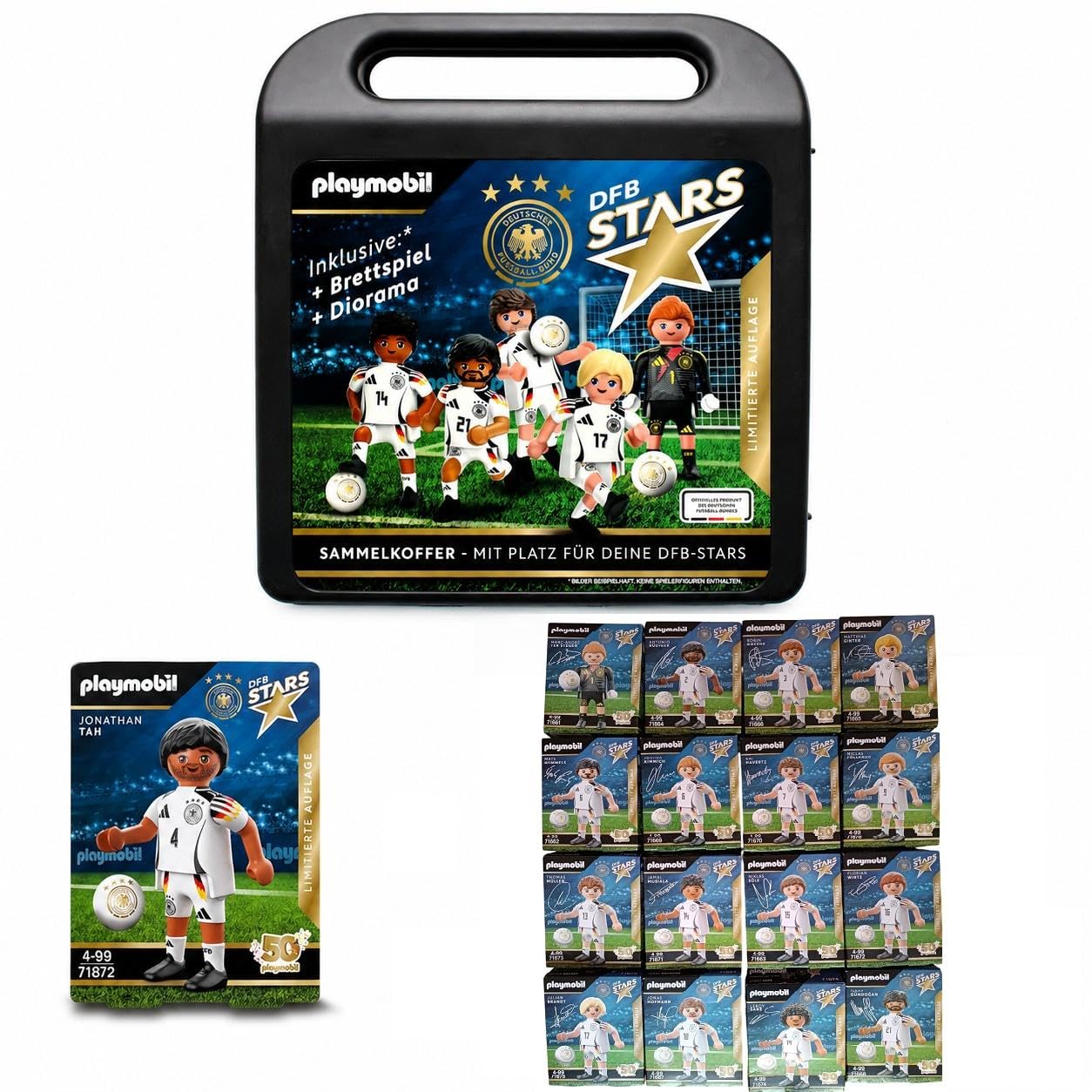 PLAYMOBIL DFB Stars - Set da collezione, 16 personaggi + 1 personaggio aggiuntivo Jonathan Tah (17 personaggi), con valigetta da collezione con gioco da tavolo e diorama, edizione limitata, EM 2024