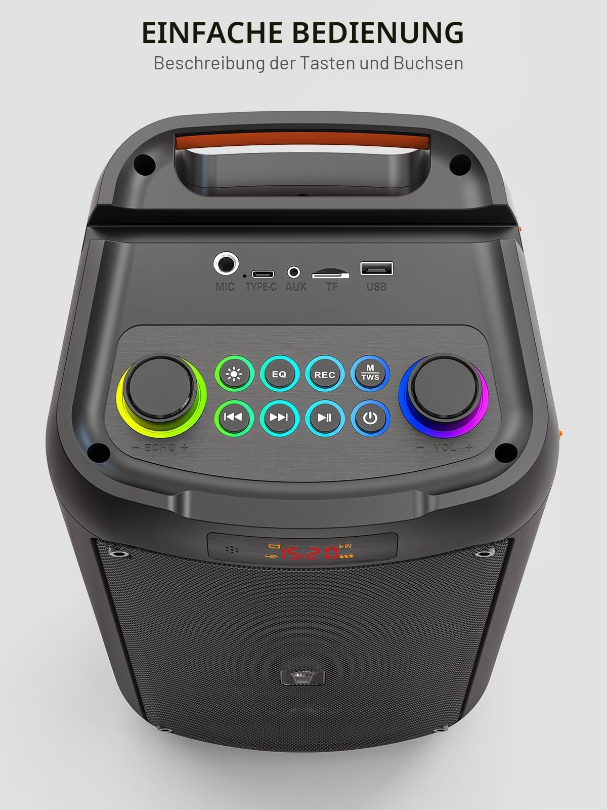Karaoke-Maschine, Tragbarer Bluetooth-Lautsprecher mit 2 drahtlosen Mikrofonen für Erwachsene, PA-System mit Disco-Lichtern für große Party, Outdoor, unterstützt USB/TF/Rec/AUX