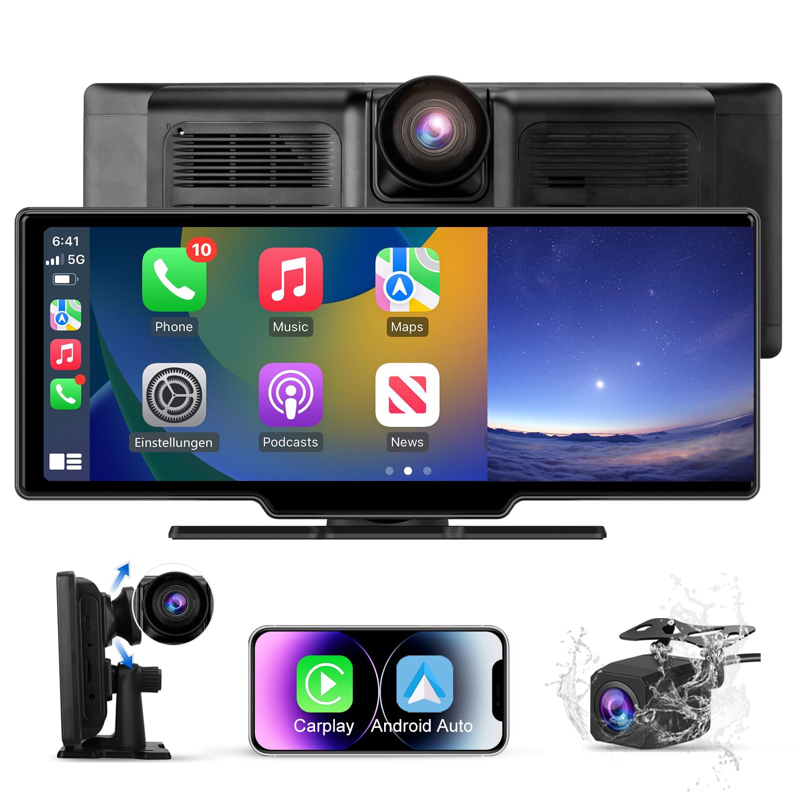 Autoradio CarPlay E Android Auto Da 10,26 Pollici Con Dashcam 4K E Telecamera Posteriore - Wireless, BT, USB Type-C, Per Auto E Camion - Foto 5