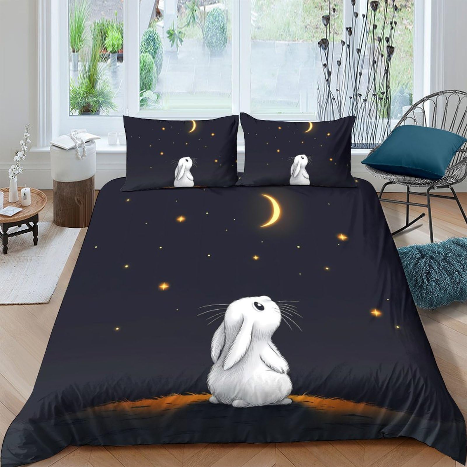 Ctjqhvkz Style-3 3D Printed Moonlit Night Bunny Fitted Sheet Microfiber Soft Non-Slip Starry Rabbit Mattress Cover Bedroom Decor Single（135X200cm）