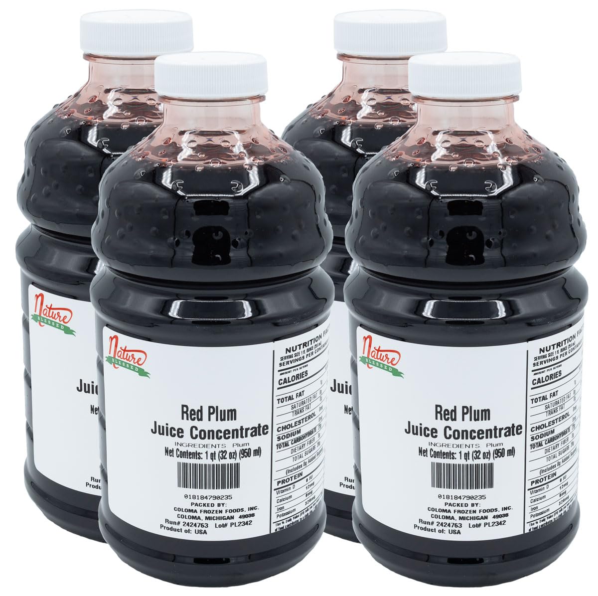 Nature Blessed 100% Pure Plum Fruit Juice Concentrate - 4 Quarts (4/32 fl oz bottles), Great for Home Vintners, Home Brewers, Cider, Spirits, Mead, or Homemade Jelly