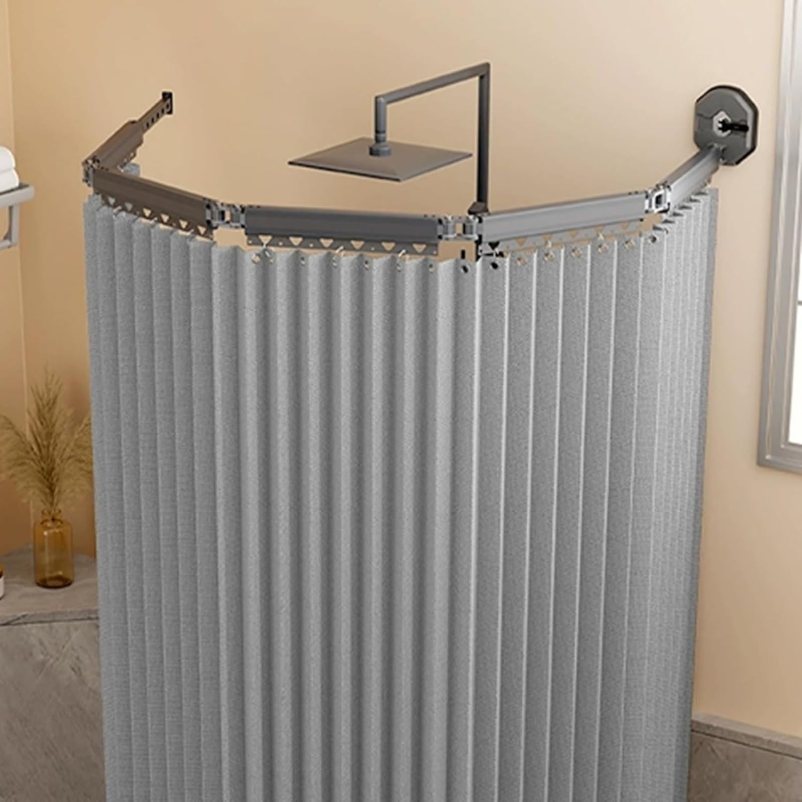 Tenda da doccia pieghevole antimuffa con ventose, lavabile in lavatrice, per vasca da bagno e doccia angolare, materiale di lino (172 cm + 25 cm, grigio chiaro)