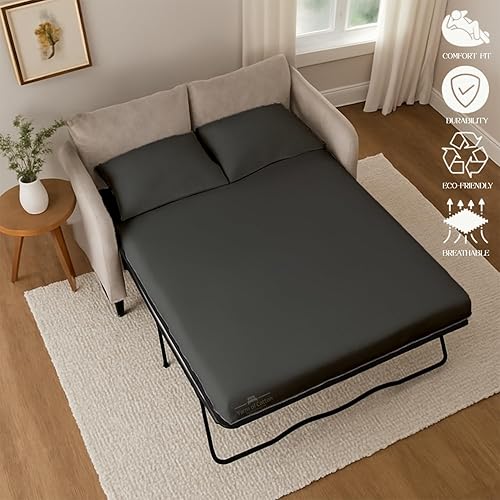 Miniatura 6 de Juego de sábanas para sofá cama tamaño Queen, color gris oscuro, sábanas para sofá cama 100% algodón de 400 hilos, juego de sábanas para sofá cama