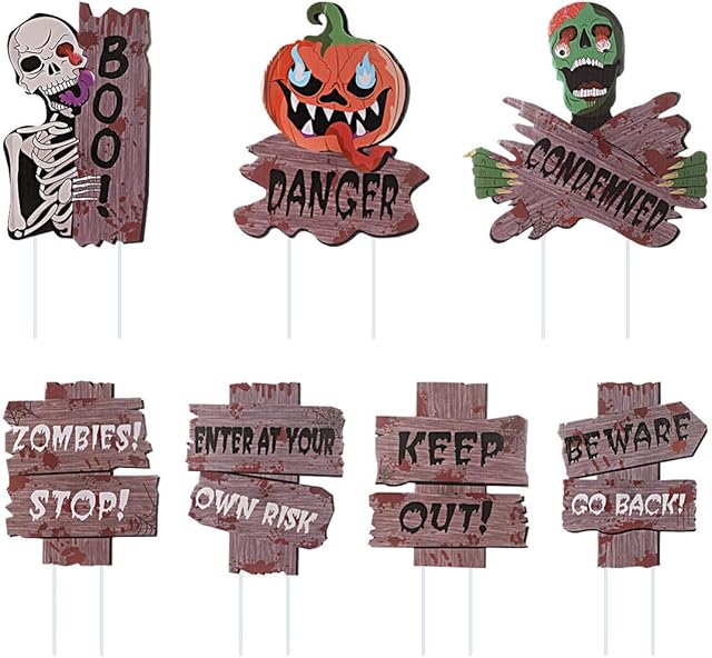Toyvian Halloween Decorations Yard Signs Stakes Beware Props Outdoor Decor,Scary Zombie Party Supplies,Sidewalk Lawn Yard Warning Signs (7 Piece Set,13.7 x12.6 Inches)