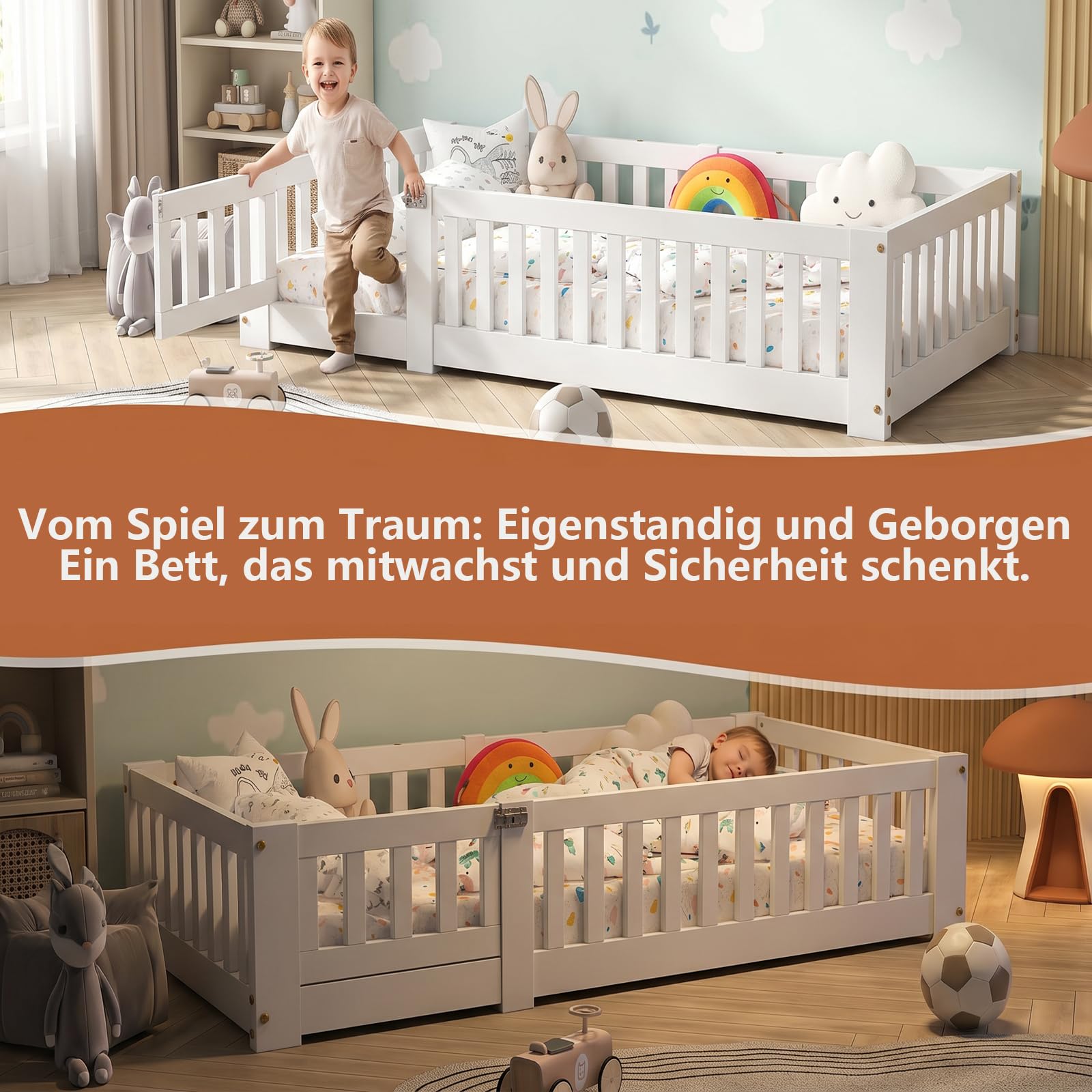 Bodenbett 90x200 cm Kinderbett mit Rausfallschutz und Lattenrost, Montessori Bett für Kinder, Kiefer Massivholz, weiß (Weiß, 90 x 200 cm)