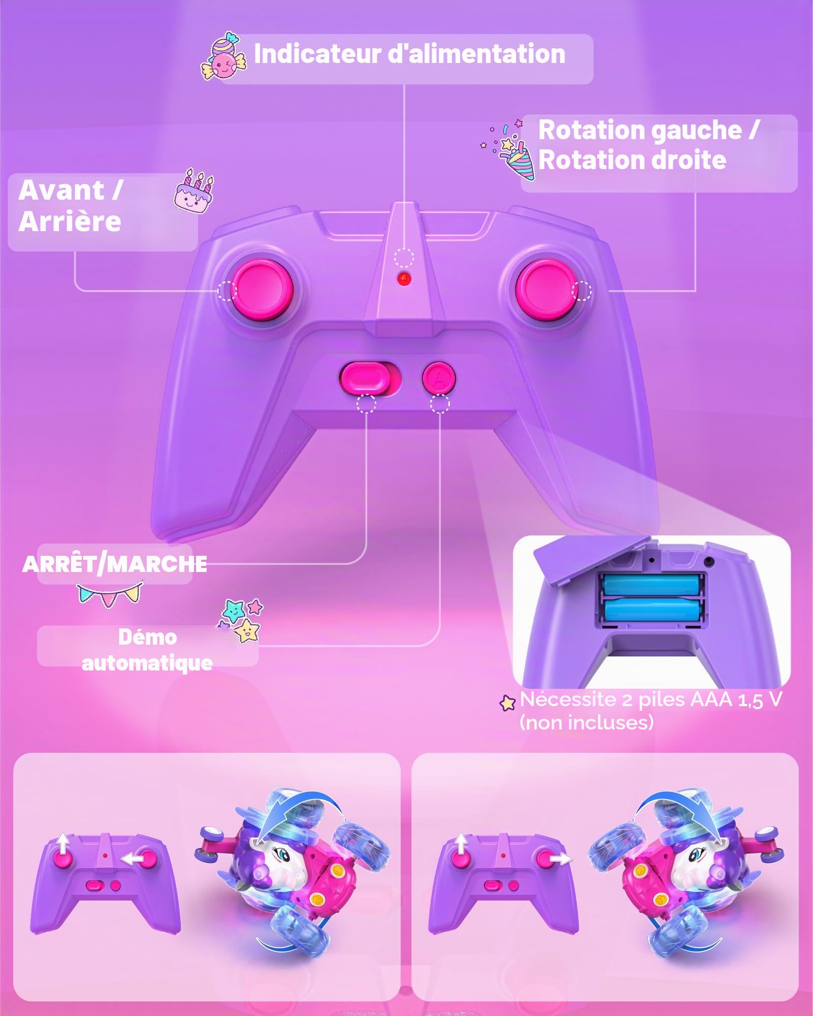 Kiztoys Voiture Telecommandé Fille 3 Ans - Licorne Jouet RC Stunt Car avec éclairage LED, Rechargeable Licorne Voiture RC Radiocommandee Jeux Cadeau Noel pour Enfant Fille 3 4 5 6 Ans