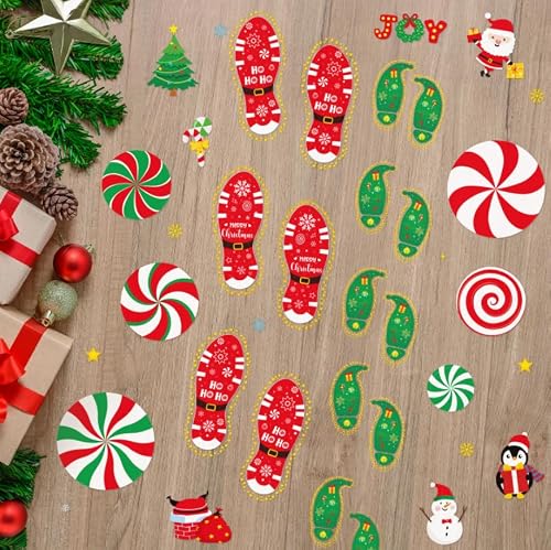 Christmas Peppermint Floor Decals Footprints Stickers 264 Pieces Santa Floor Wall Decal for Christmas Candy Land Party Decorations Xmas Candy Stickers for Classroom Living Room Home Office Decor