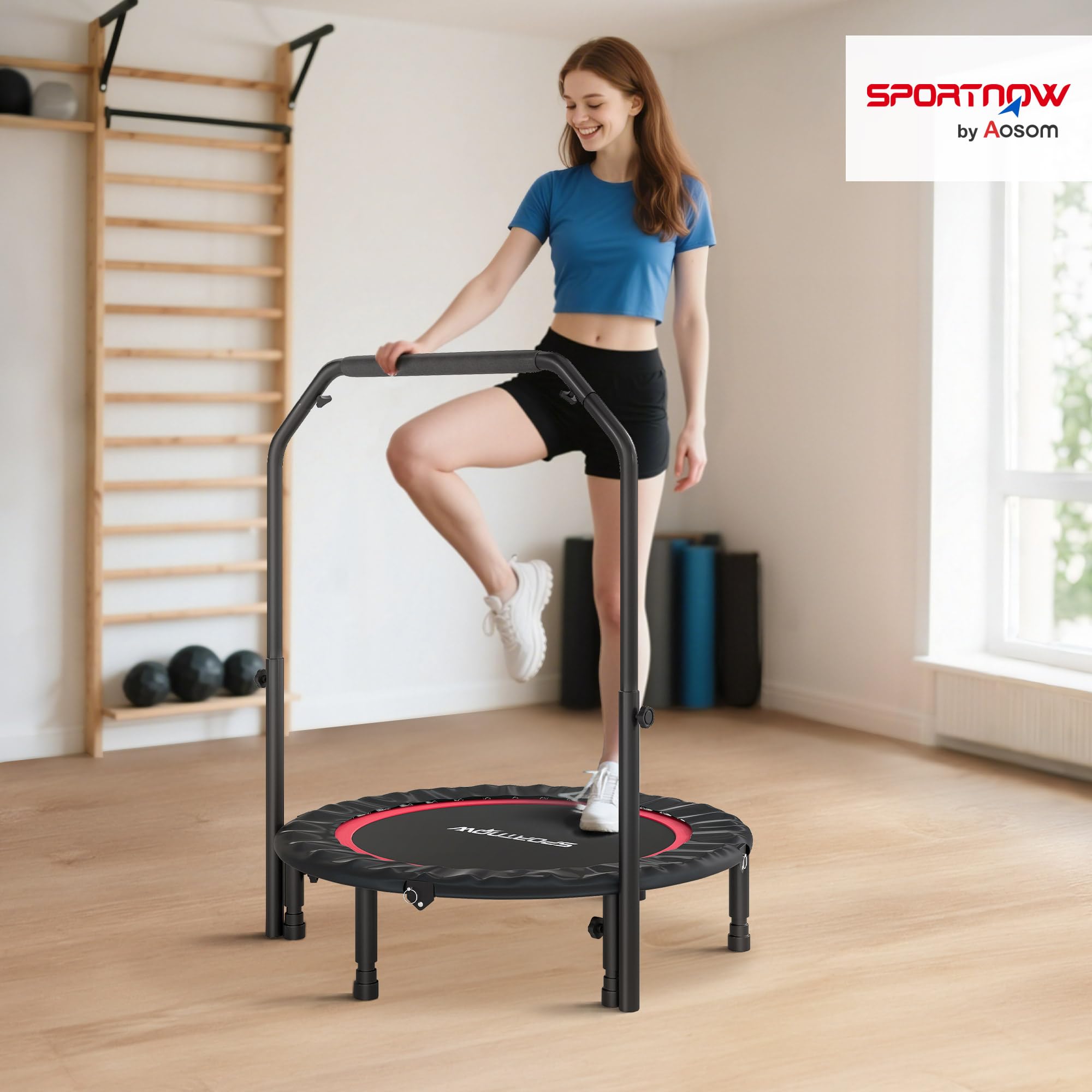 SPORTNOW Trampolín de Fitness Adultos Ø102 cm, Cama Elástica Plegable con Mango Ajustable de 4 Niveles y Bandas, para Entrenamiento Piernas Cuerpo en Hogar Oficina Gimnasio Exterior, Carga 150 kg