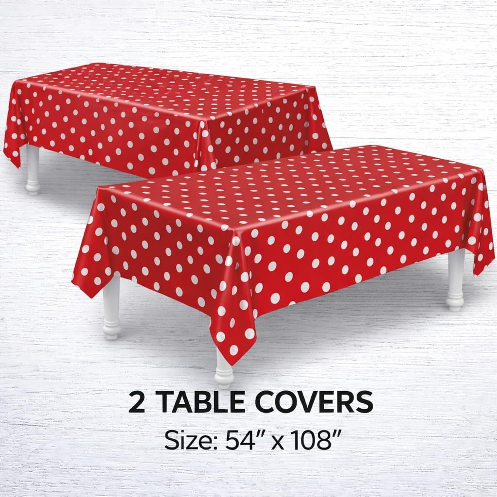 Serves 30 Complete Party Pack Red Polka Dot Party Supplies 9" Dinner Paper Plates 7" Dessert Paper Plates 9 oz Cups 3 Ply Napkins 2 Red Polka Dot Table Cover Size: 54" x 108"
