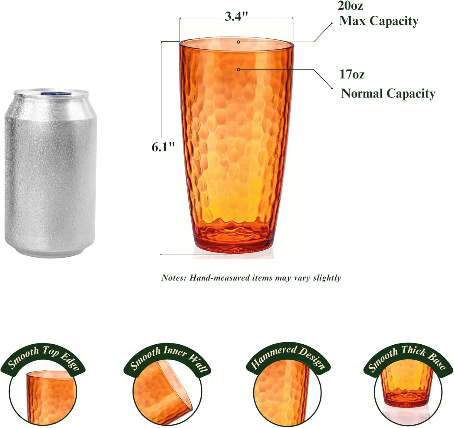 20oz Coloful Acrylic Glasses Drinkware (Set of 6), Hammered Design Shatter-Proof Plastic Cups, Reusable Plastic Large Drinking Tumblers, Stackable, BPA-Free, Dishwasher-Safe