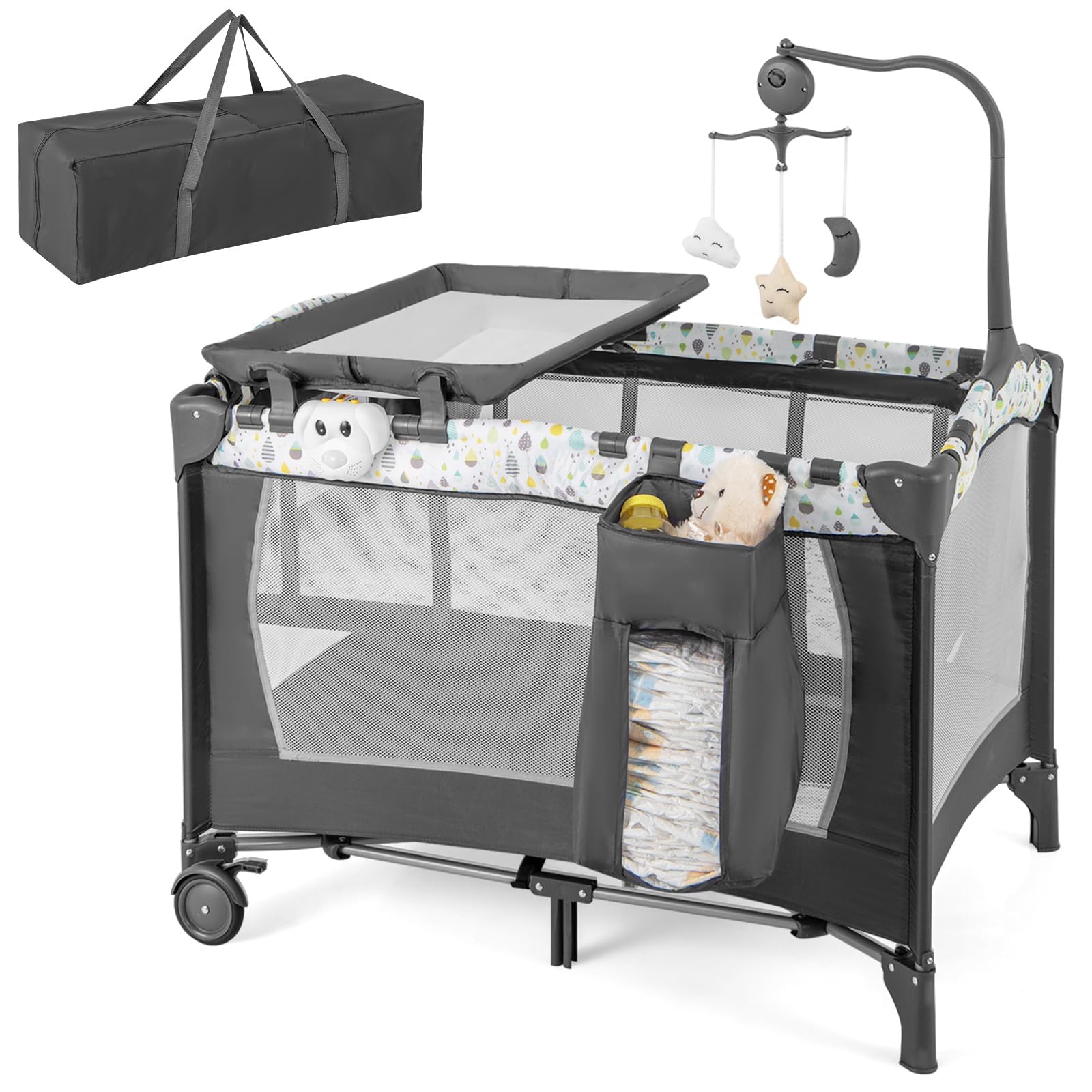 COSTWAY 3 in 1 Beistellbett klappbar, Reisebett mit Matratze, Hängespielzeug, Spieluhr, Wickeltisch & Tragetasche, 2 Ebene Babybett mit Rollen für Baby bis 36 Monaten (Beige)