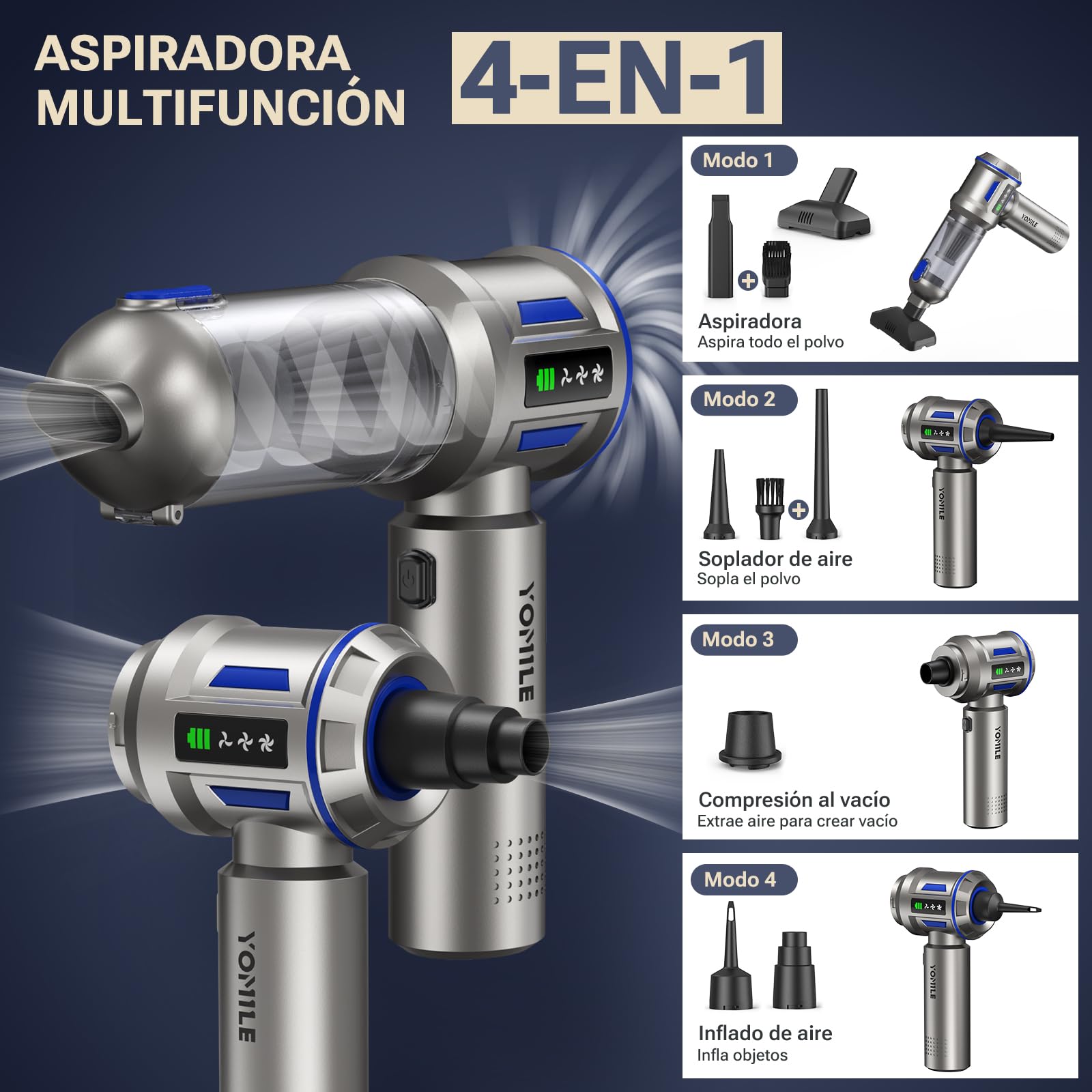 Yomile Aspirabriciole Senza Fili, 27000PA 4 in 1 Aspirapolvere per Auto Portatile,Aspiratore e Soffiatore con Motore Brushless Mini Aspirabriciole Senza Fili Potente per Auto Casa