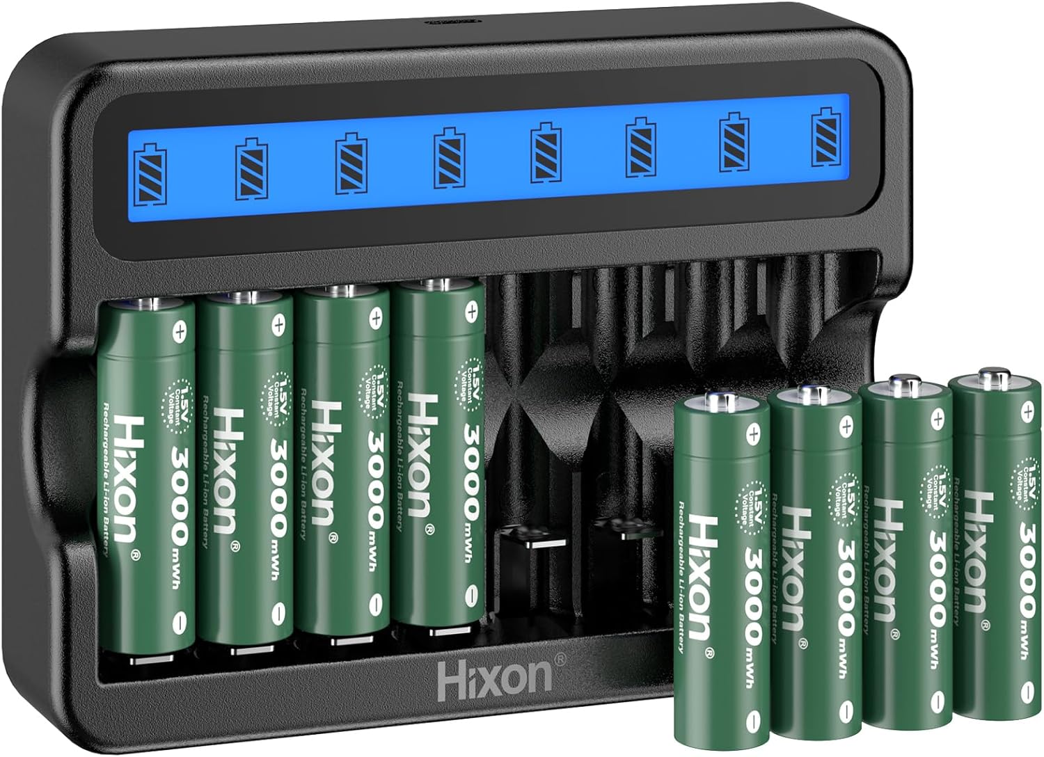 Hixon 8-Pack 1.5V Rechargeable Lithium AA Batteries & LCD Charger, 3000mWh Double AA Li-Ion Battery,1600Cycles,Max 3A Discharge,Constant Output for Home&Office Use|Blink Camera|VR/Xbox GamingPad.