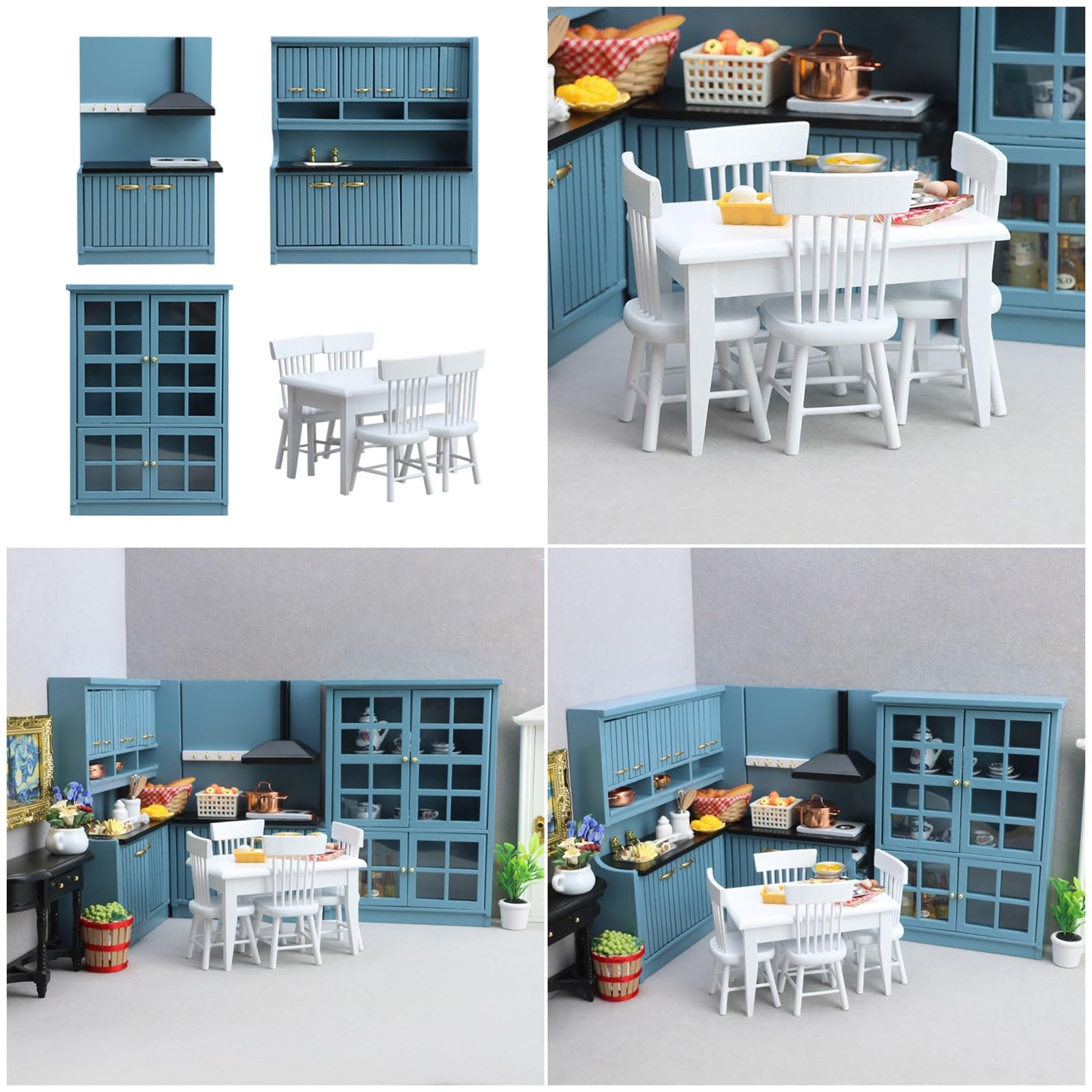 Set da cucina contemporanea per bambole, 8 pezzi, mobili compatti in legno, con tavolo e sgabelli, set da cucina per casa