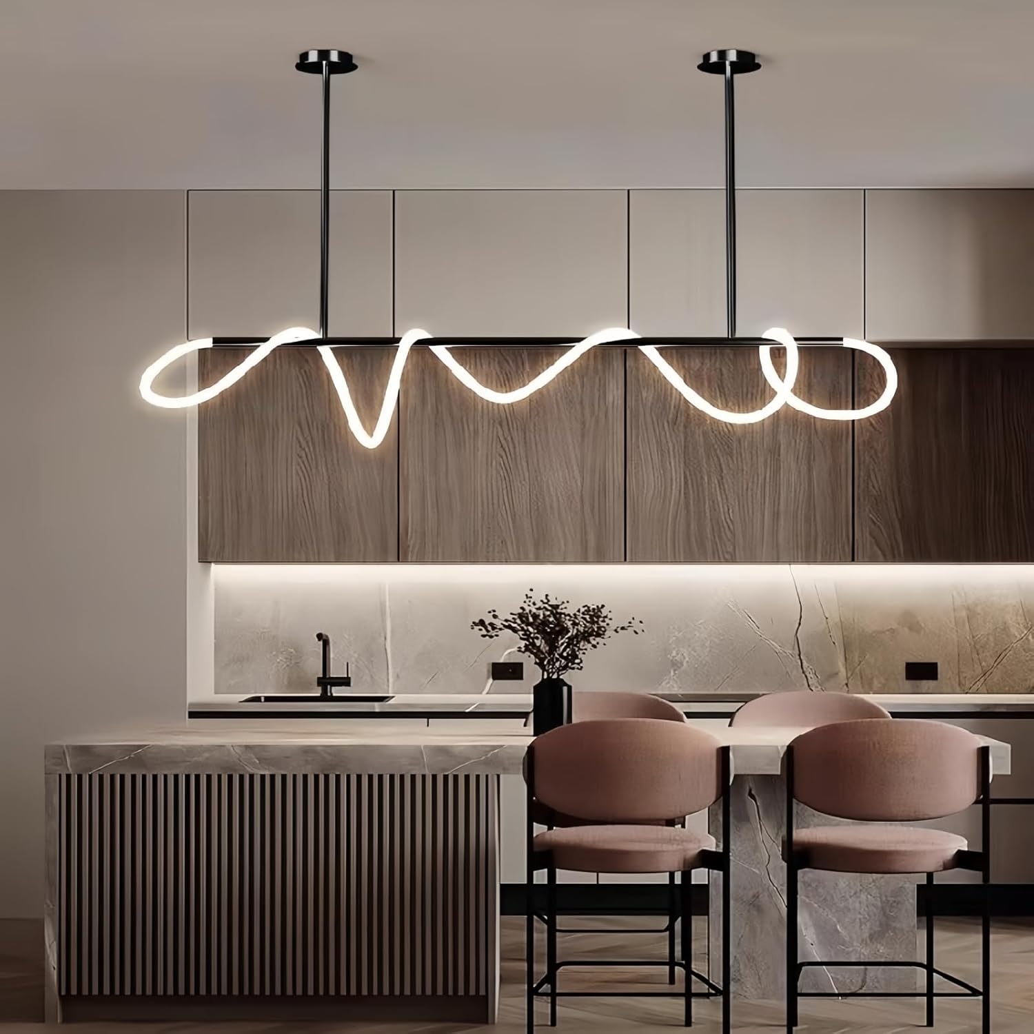 SMG Modern LED Linear Pendant Light for Dining Room, Dimmable Gold Chandelier for Office, 78" Linear DIY Chandelier with Remote Control Stepless Dimming, Restaurant Kitchen Long Hose Lamp