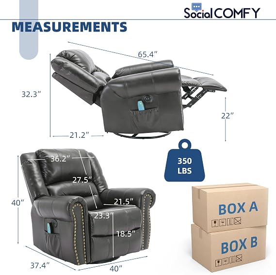 Swivel Rocker Recliner Chair with Heat and Vibration, 360 Swivel Glider Rocker Manual Reclining Chair, Massage Rocking Recliners with Side Pockets & USB Ports for Living Room, Grey