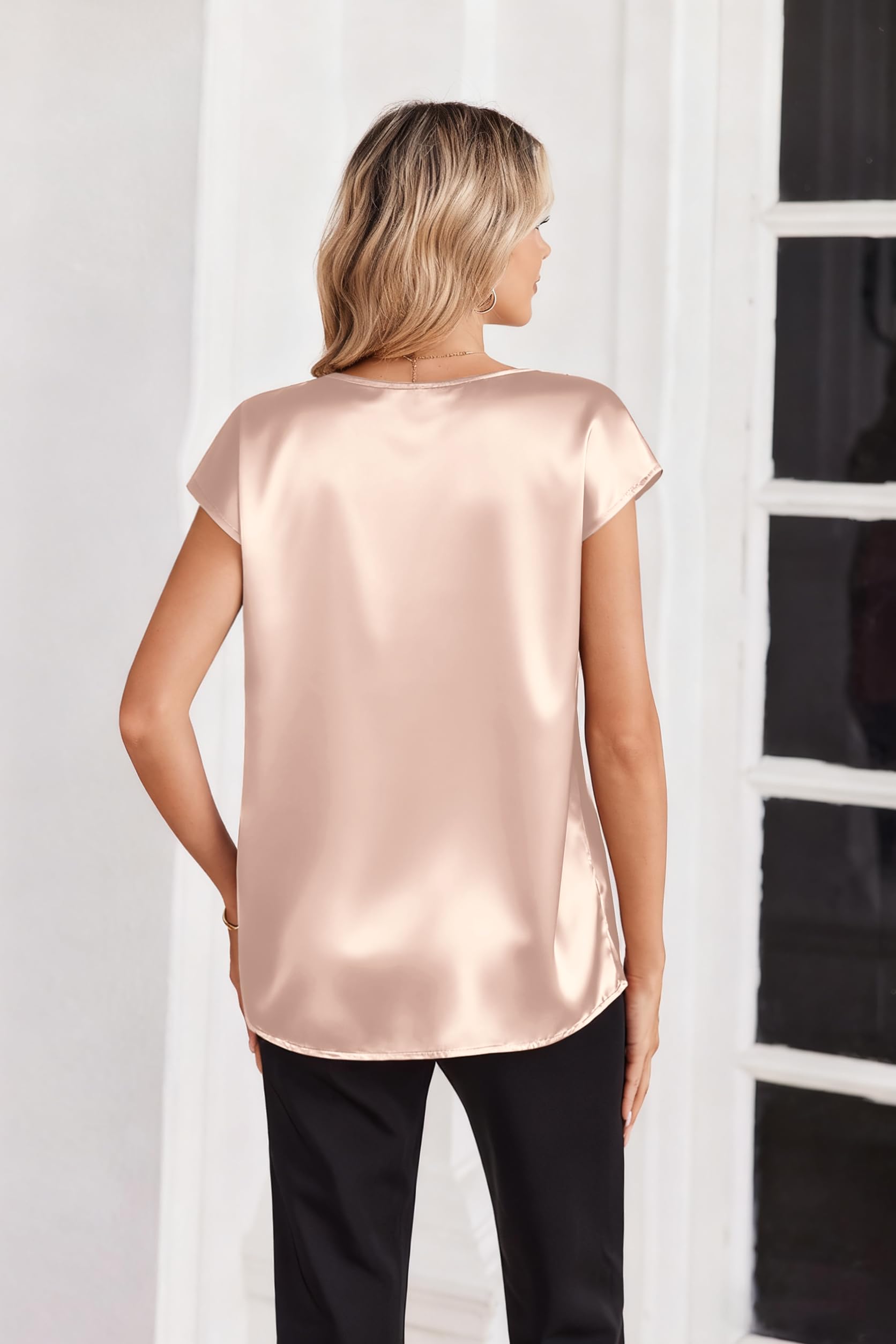 Zeagoo Blusa satén Mujer Manga Corta Cuello en V Seda Tops Elegantes Camisas de Negocios Blusa de Seda de Verano Silk Blouse Tshirt — view 5