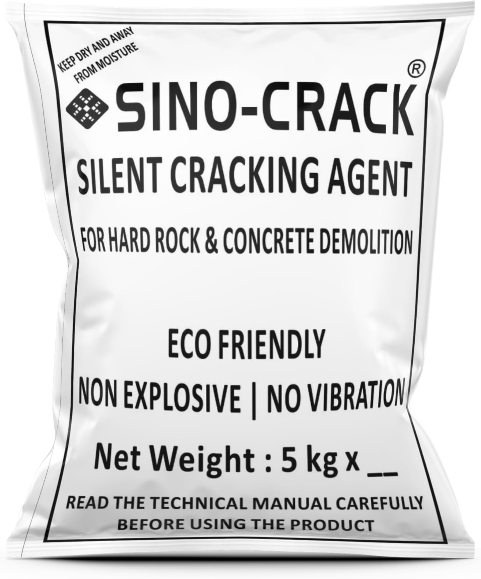 SINO CRACK, 5 KG (Stone Cracking Powder for Hard rock demolition & concrete Cutting, Non explosive demolition chemical, Soundless Expansive Mortar, No vibration, no noise)