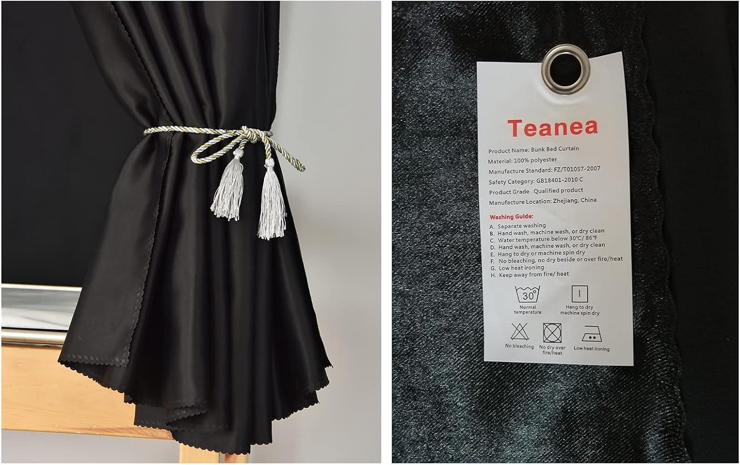 Full Size Bunk Bed Blackout Curtains Heavy-Duty for Bottom Men Women Teens, Black, 2 Panels, 47.2in Height