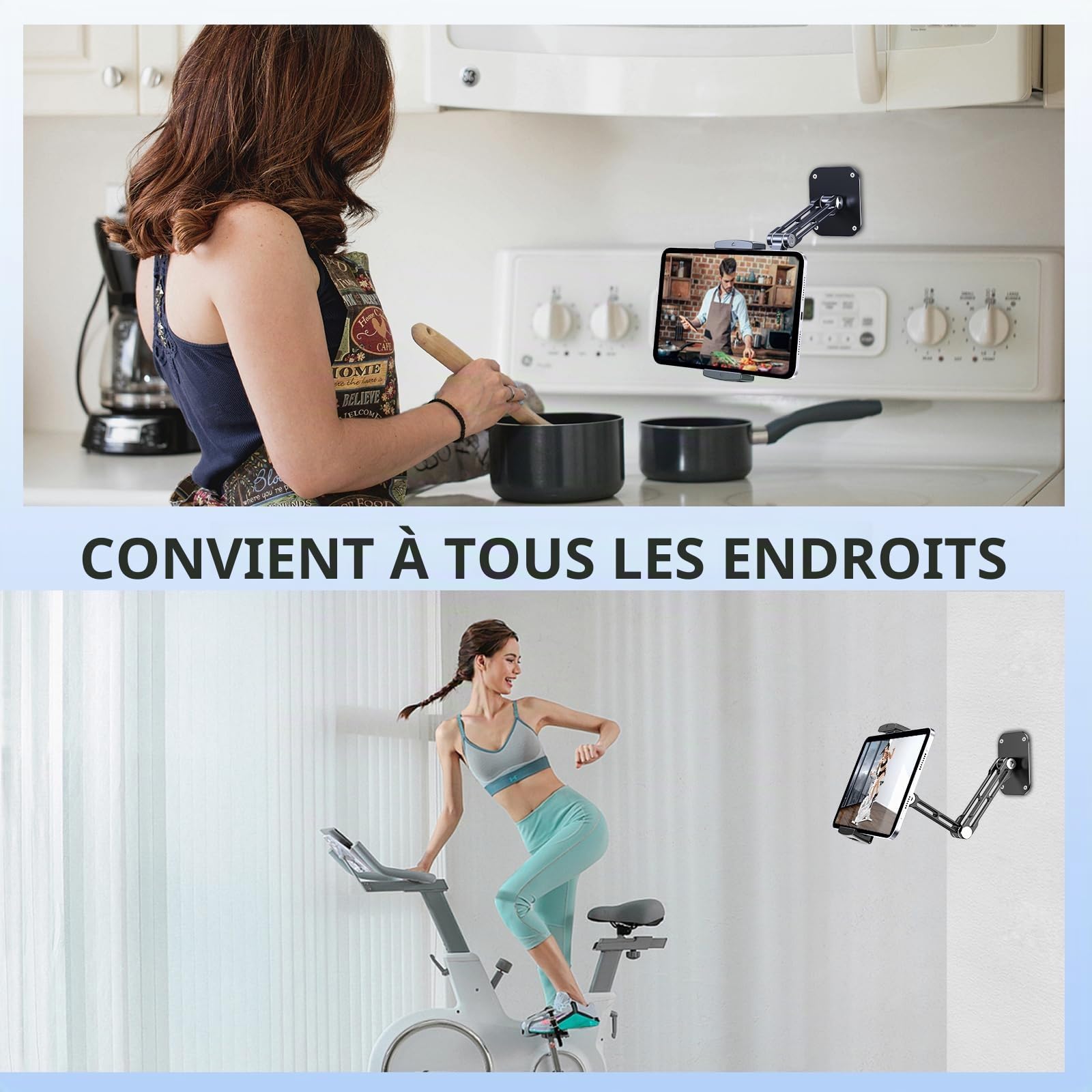 Support Mural pour Tablette, Support Mural Extensible en Aluminium pour iPad, avec Base rotative à 360° réglable et Pliable pour iPad Pro Air, Tous Les téléphones et tablettes de 4,7 à 13"