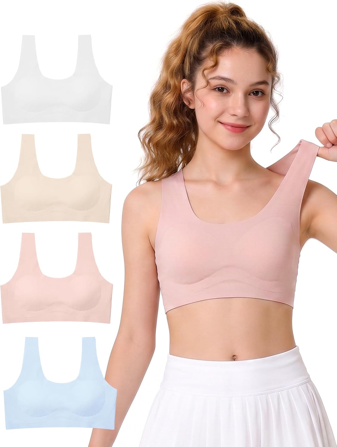 Seamless Girls Training Bras for Teens 10-16, Wireless Sports Bra with Removable Ultra-Thin Breathable Pads