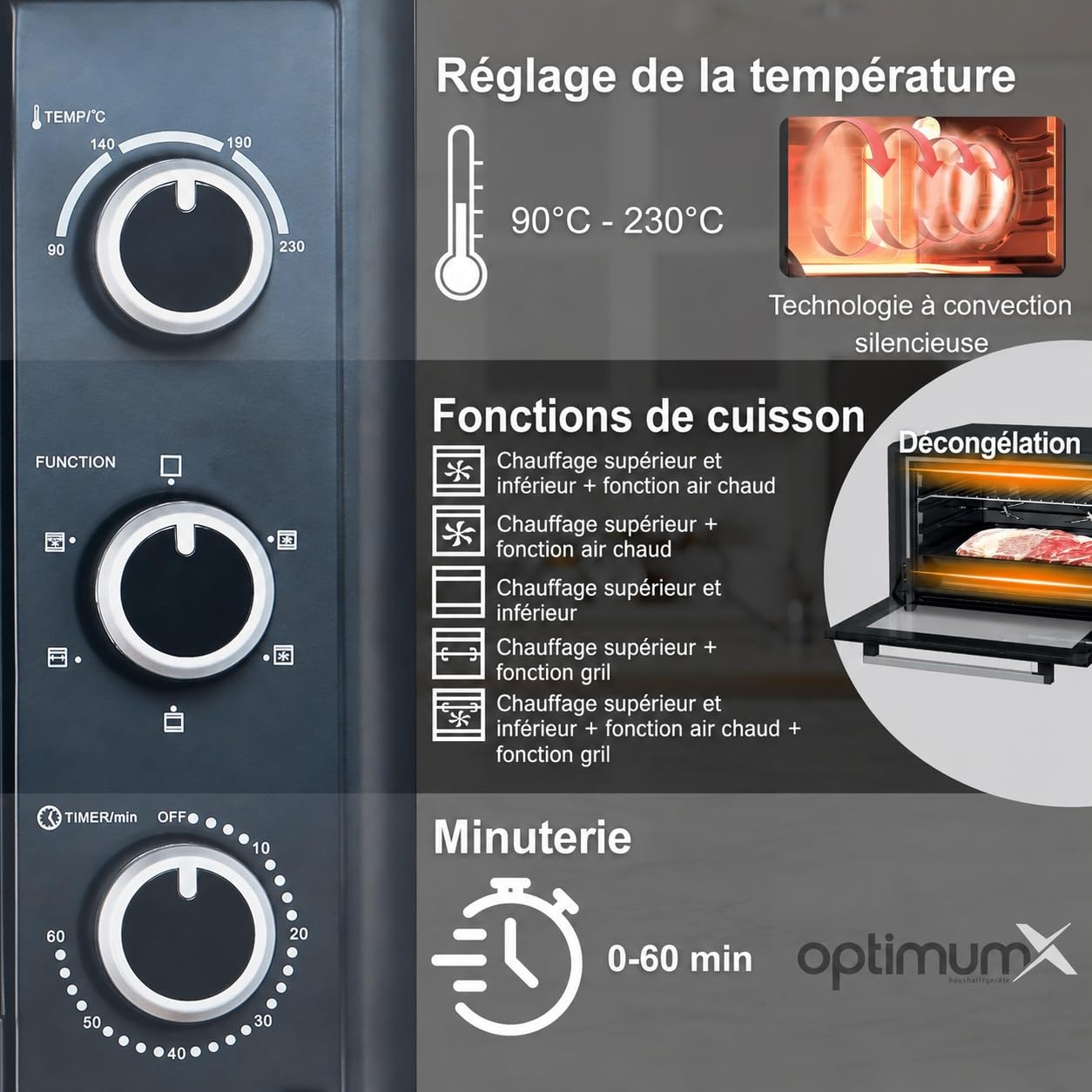 OptimumX Four Électrique 60L XXL à Chaleur Tournante, 2200W, Tournebroche, Lumière Intérieure, 40–230°C, Noir