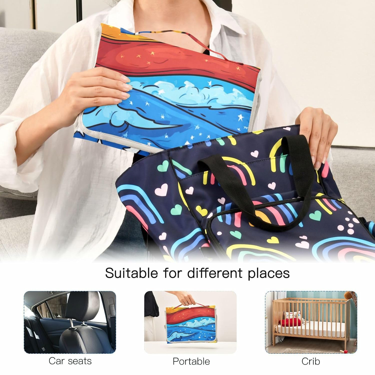 Watercolor Flag 4th of July Independence Day Reusable Changing pad Baby with Tissue Pocket Portable Baby Changing pad with Built-in Pillow cambiadores de pa?ales para Bebes