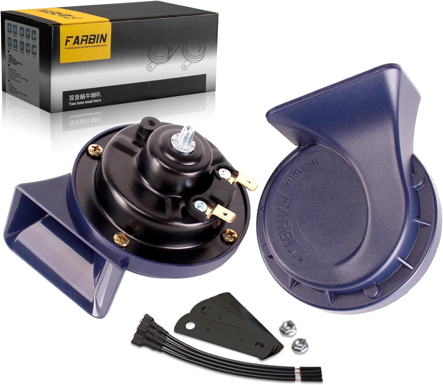 FARBIN Horn 12V Car Horns Loud Dual-Tone Waterproof Auto Horn Electric Snail Horn Kit Universal for Any 12V Vehicles (Blue horn, 12v)