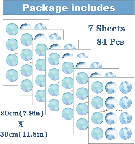 Miniatura 3 de 7 hojas de 84 calcomanías de pared de lunares de acuarela azul cielo, calcomanías de pared de arte circular, removibles de vinilo extraíble para