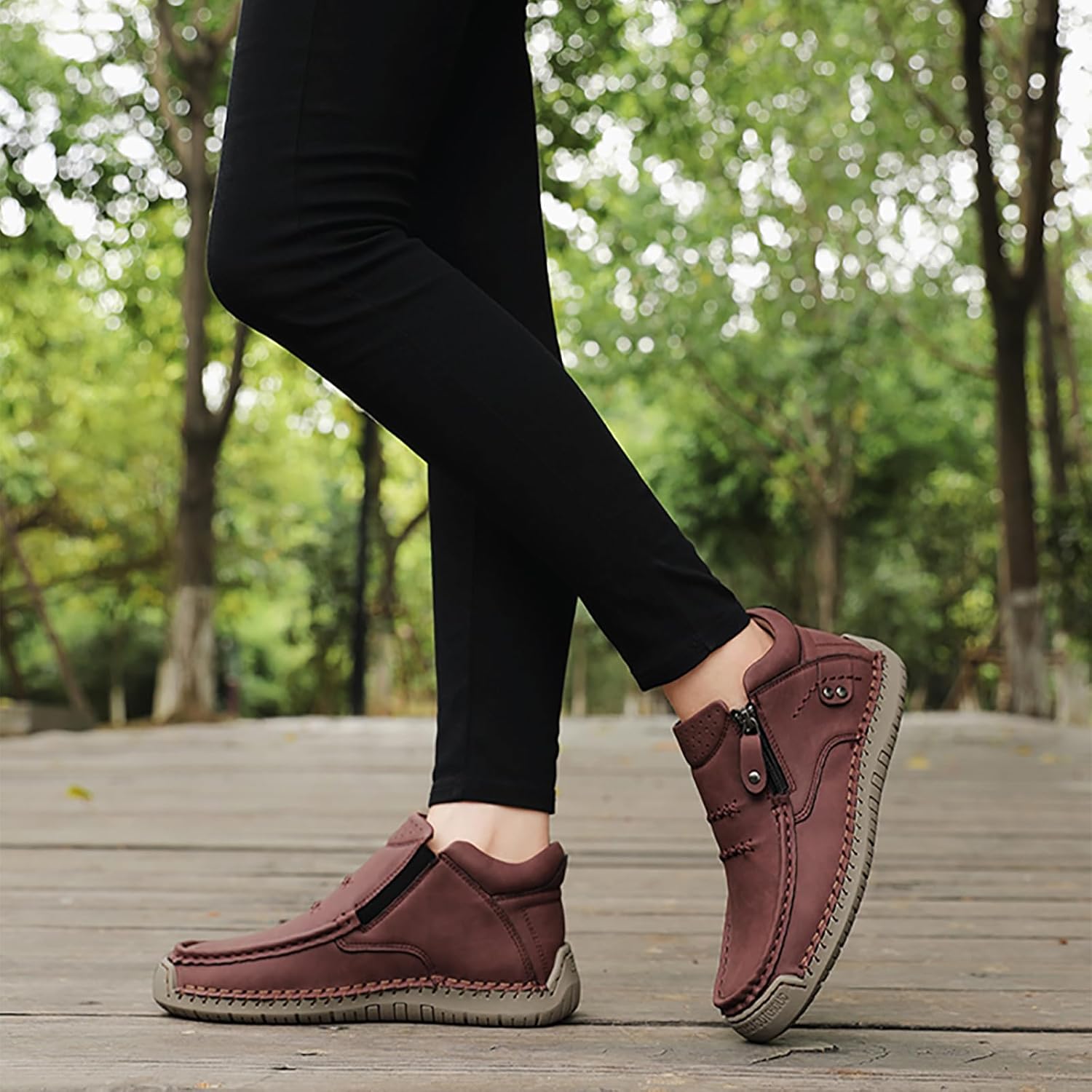 Women Leather Handmade Ankle Boots With Side Zippe Casual Lightweight Mid Top Hiking Loafers Comfortable Non-Slip Driving Walking Shoes - Image 6