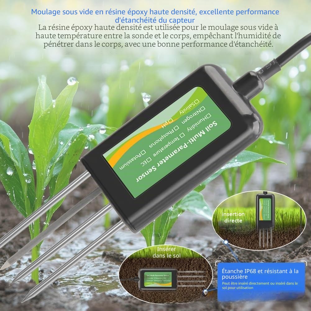 Analyseur de sol USB de mesure NPK, pH, humidité, température, salinité et conductivité, sonde en acier inoxydable IP68, surveillance des données pour application mobile